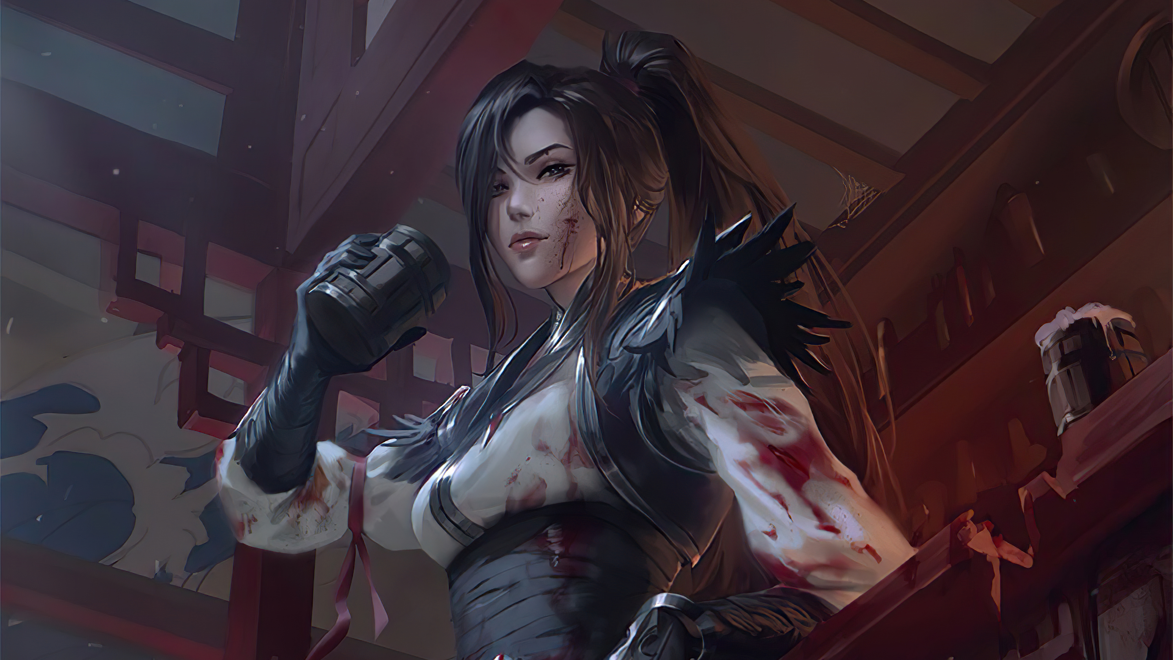 Woman with bloodstains holding a mug HD Wallpaper