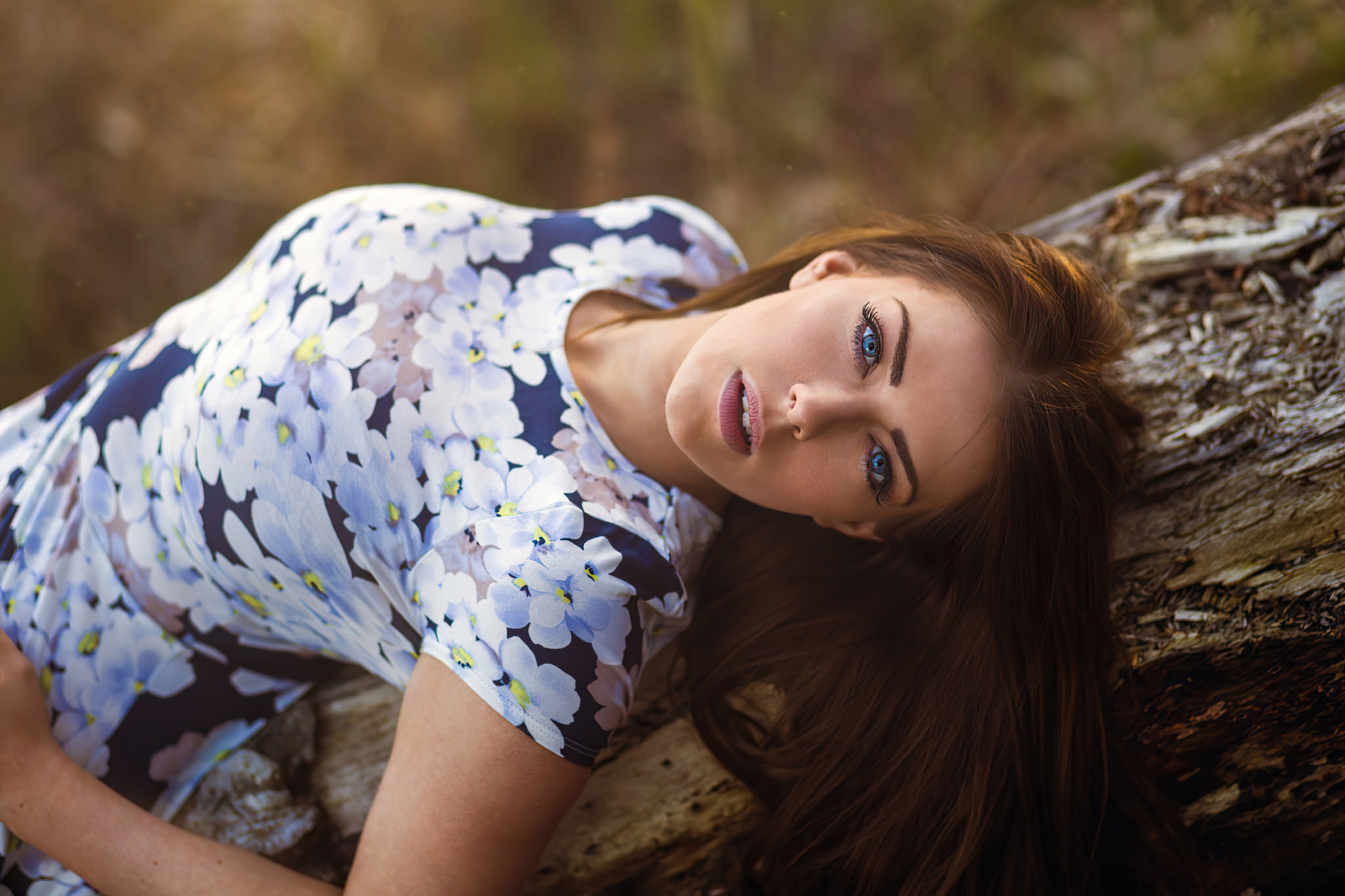 Model in Floral Dress Lying on Tree Trunk HD Wallpaper