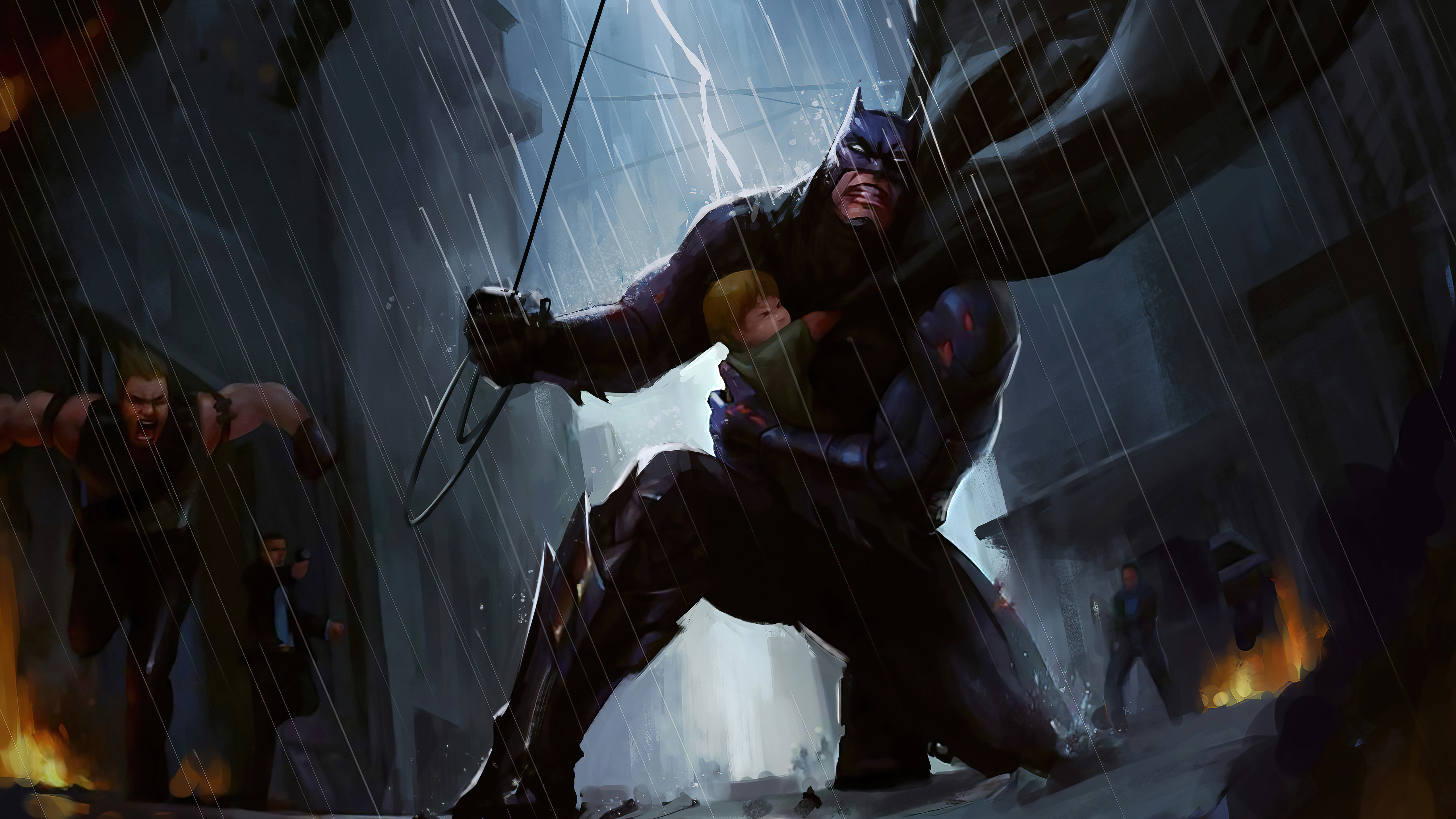 Batman saving a child in a rainy city HD Wallpaper