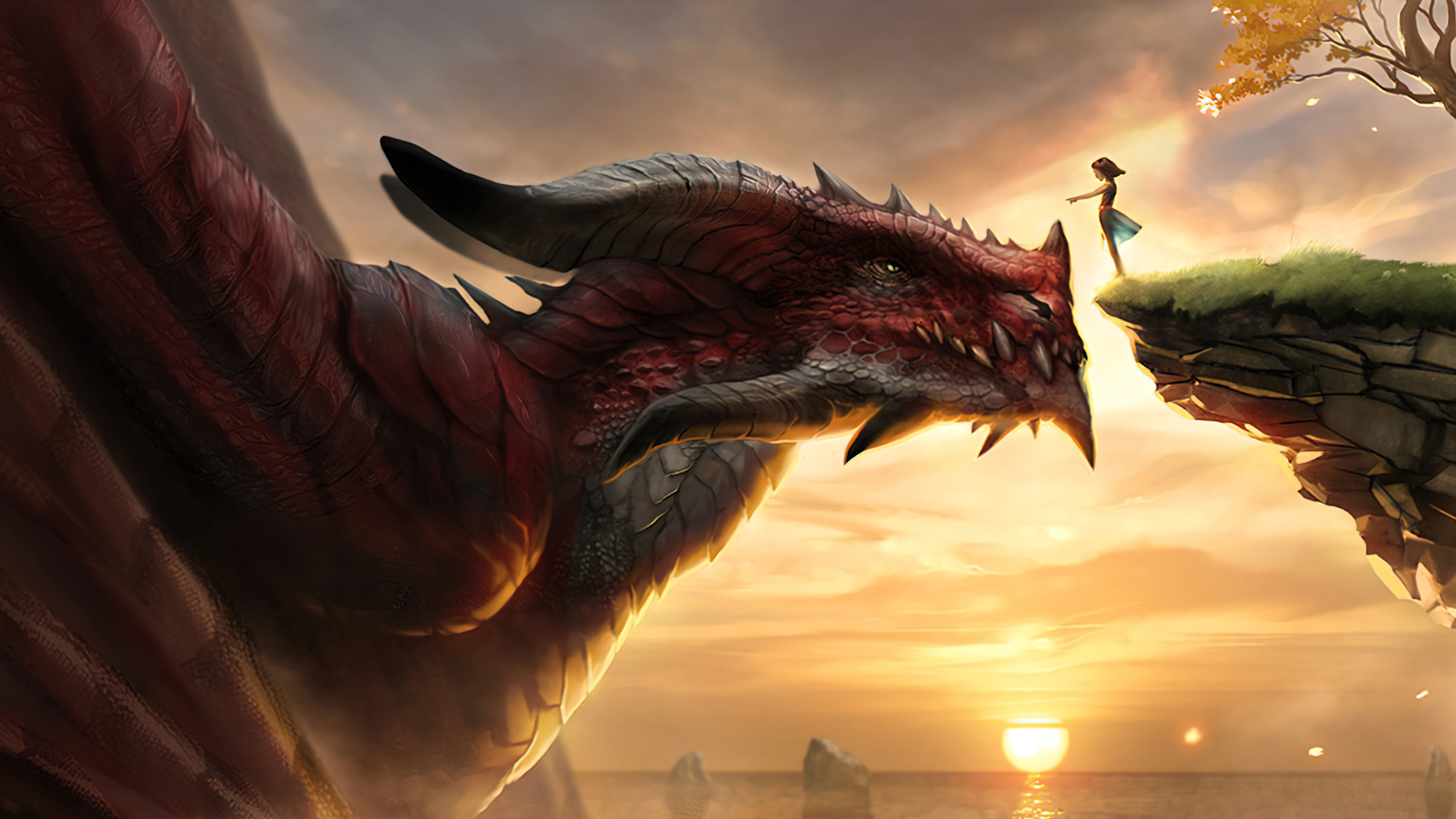 Dragon and girl on cliffs at sunset HD Wallpaper