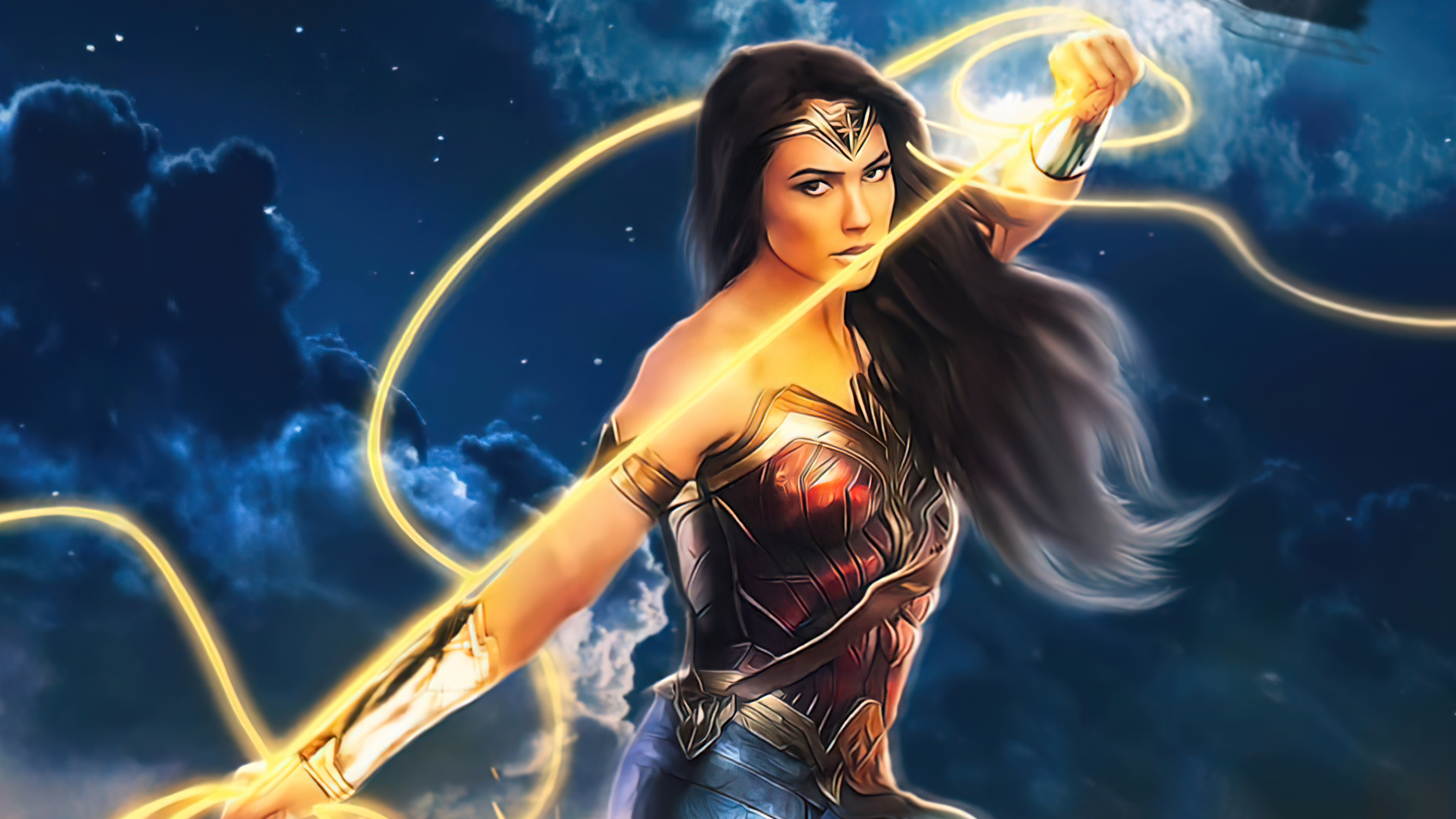 Wonder Woman with Lasso of Truth in the Night Sky HD Wallpaper