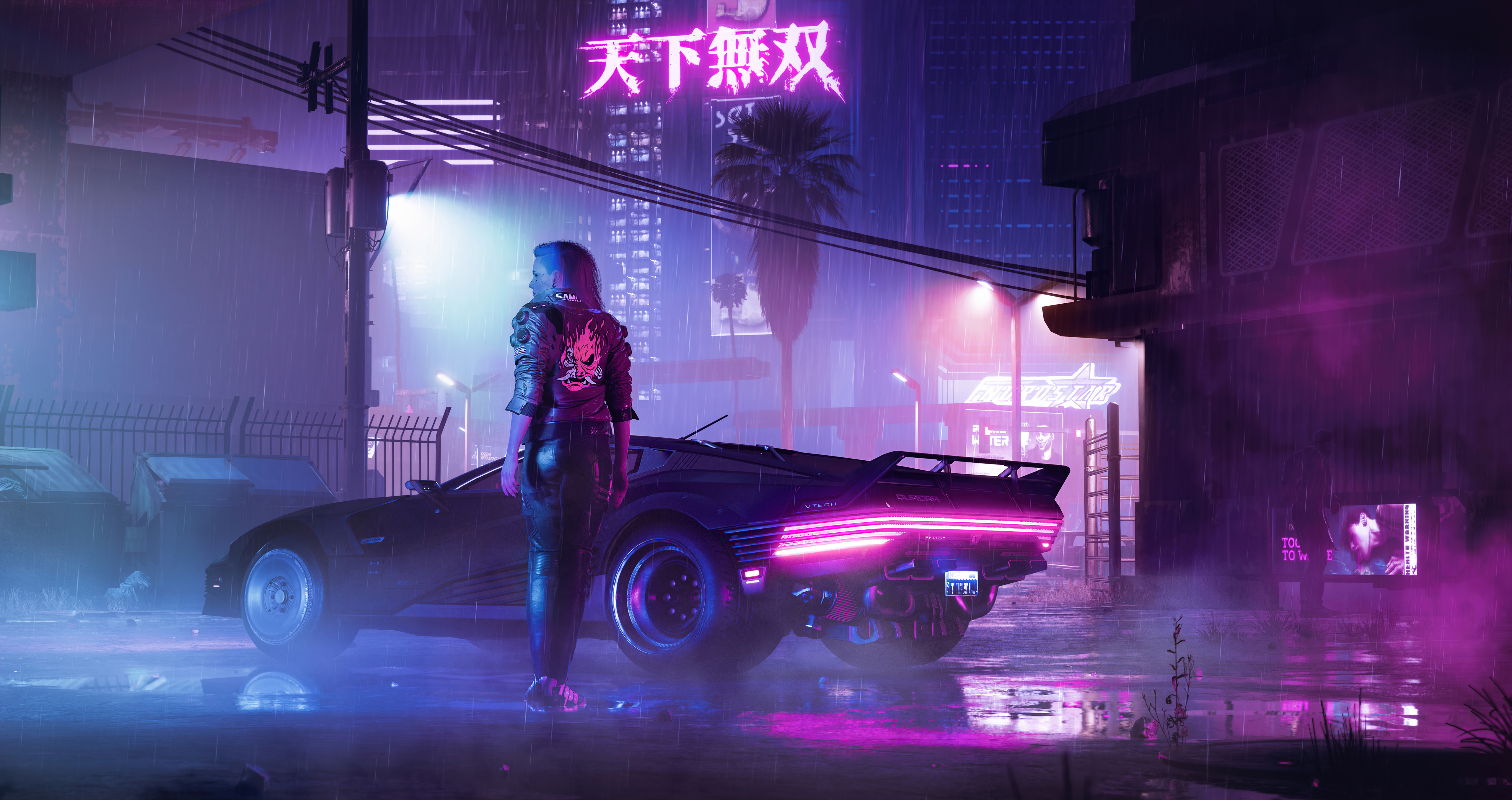 Woman in leather jacket and cyberpunk car in rain HD Wallpaper
