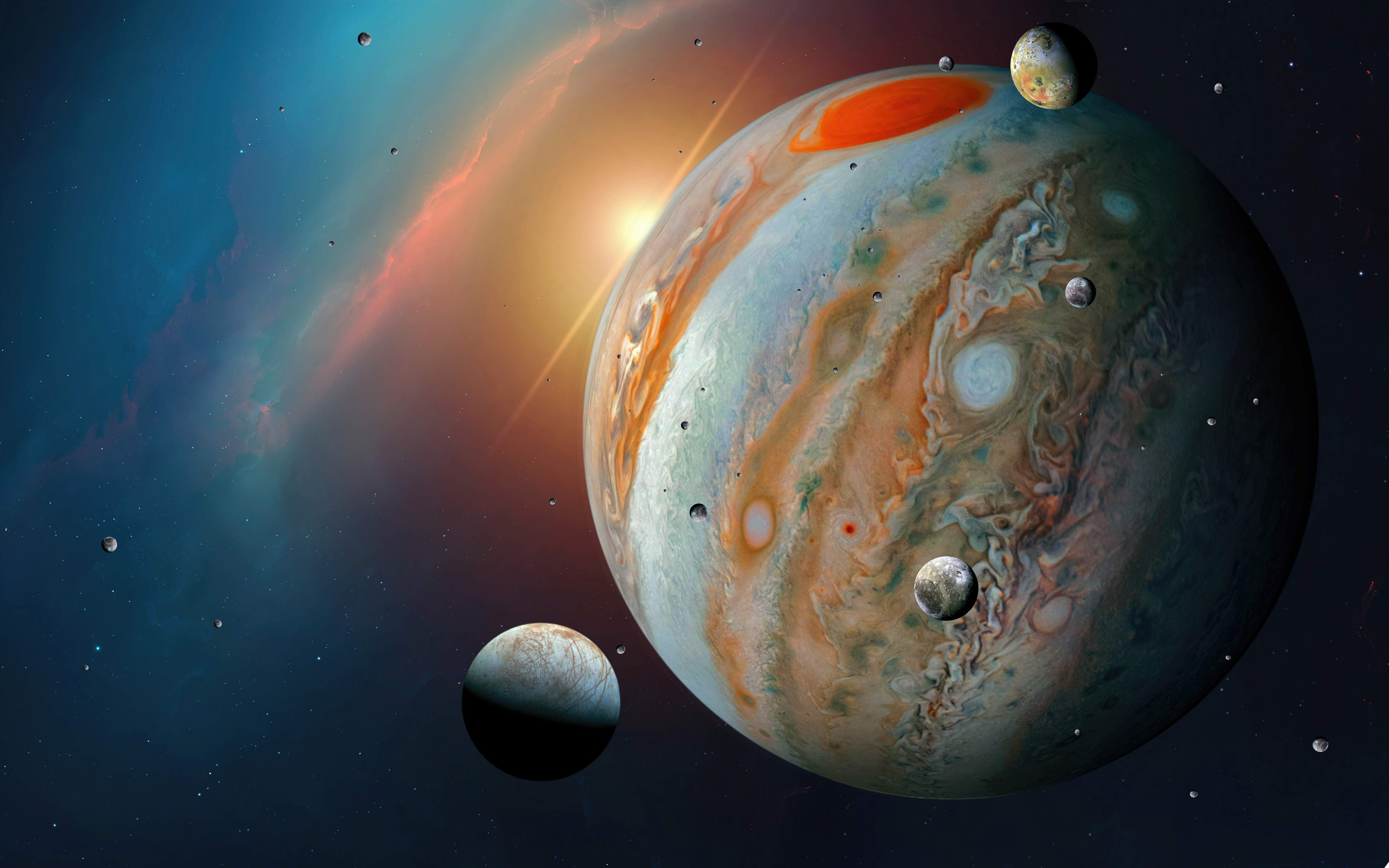 Jupiter and its moons in space with nebula HD Wallpaper
