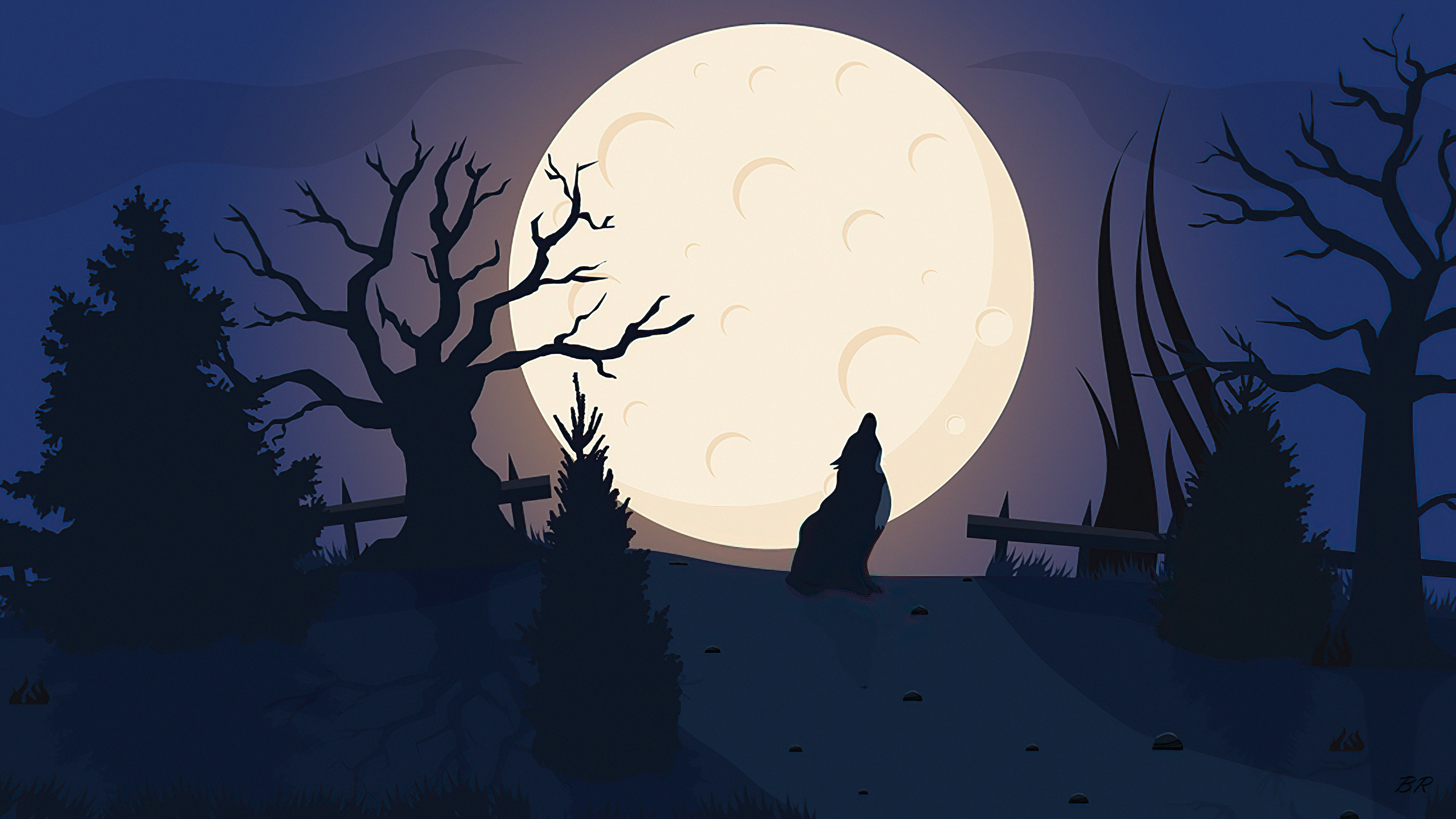 Minimalist wolf howling at the moon digital art HD Wallpaper
