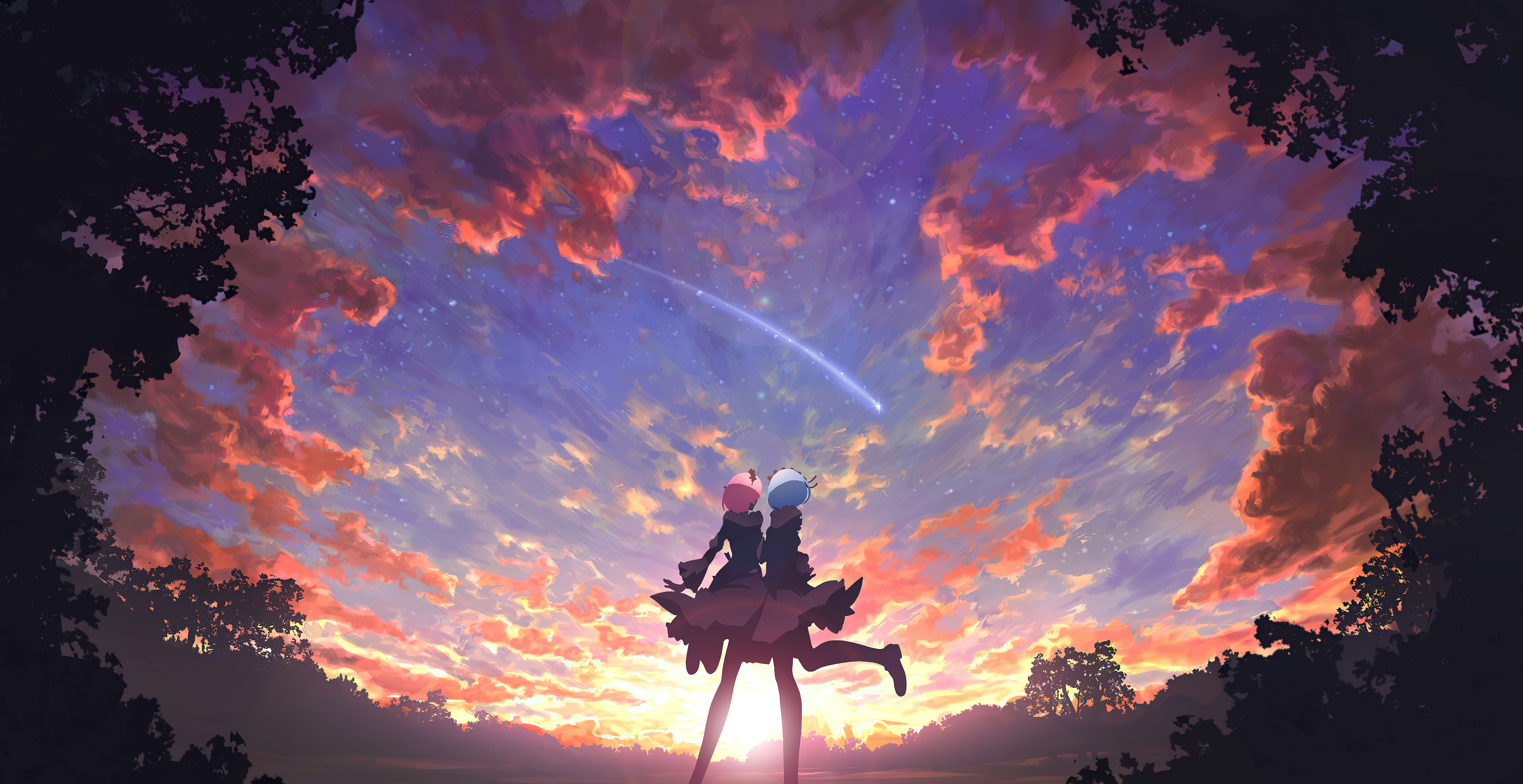 Two girls watching a shooting star at sunset HD Wallpaper