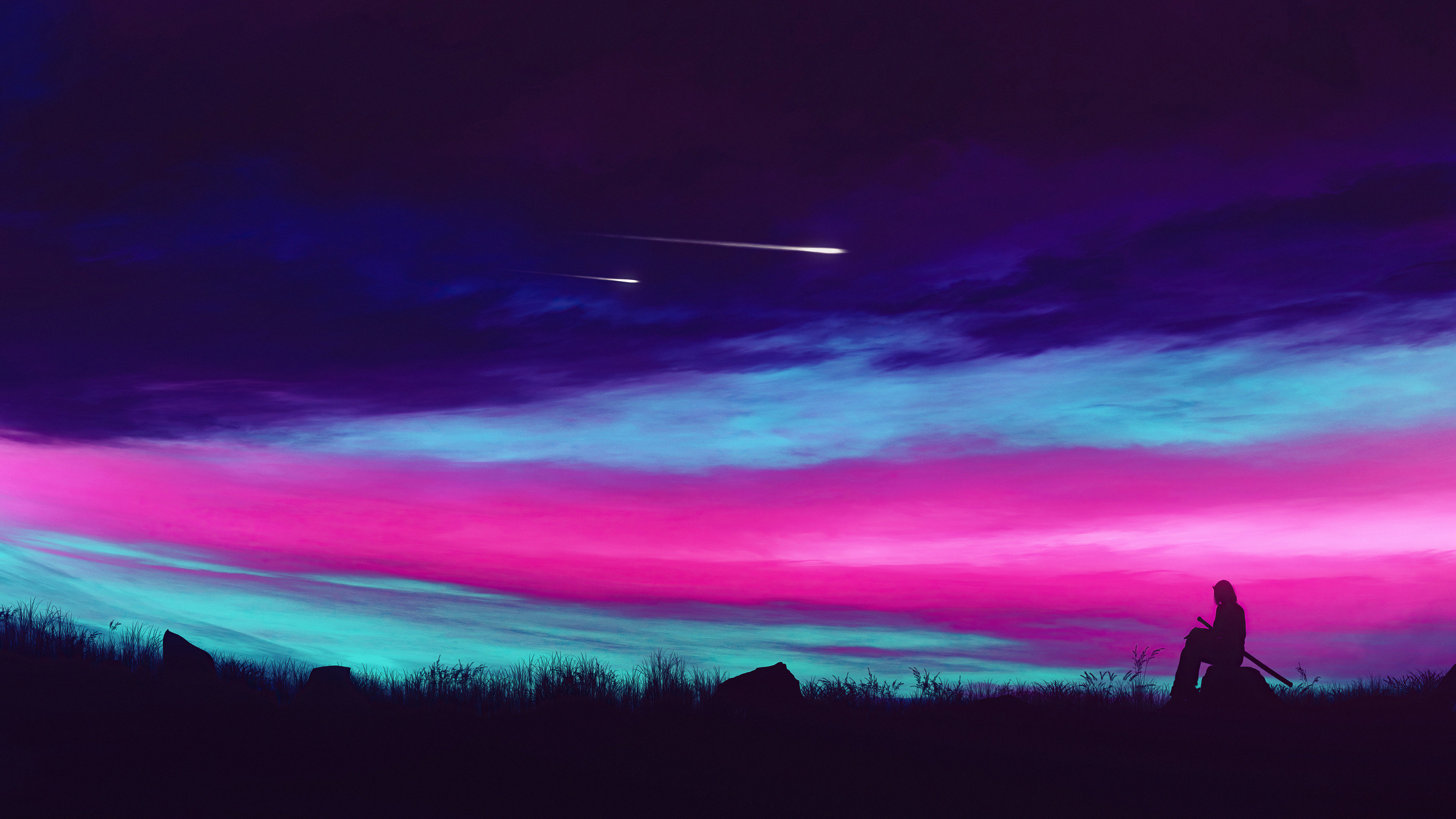 Silhouette of a person with a sword against a colorful sky HD Wallpaper