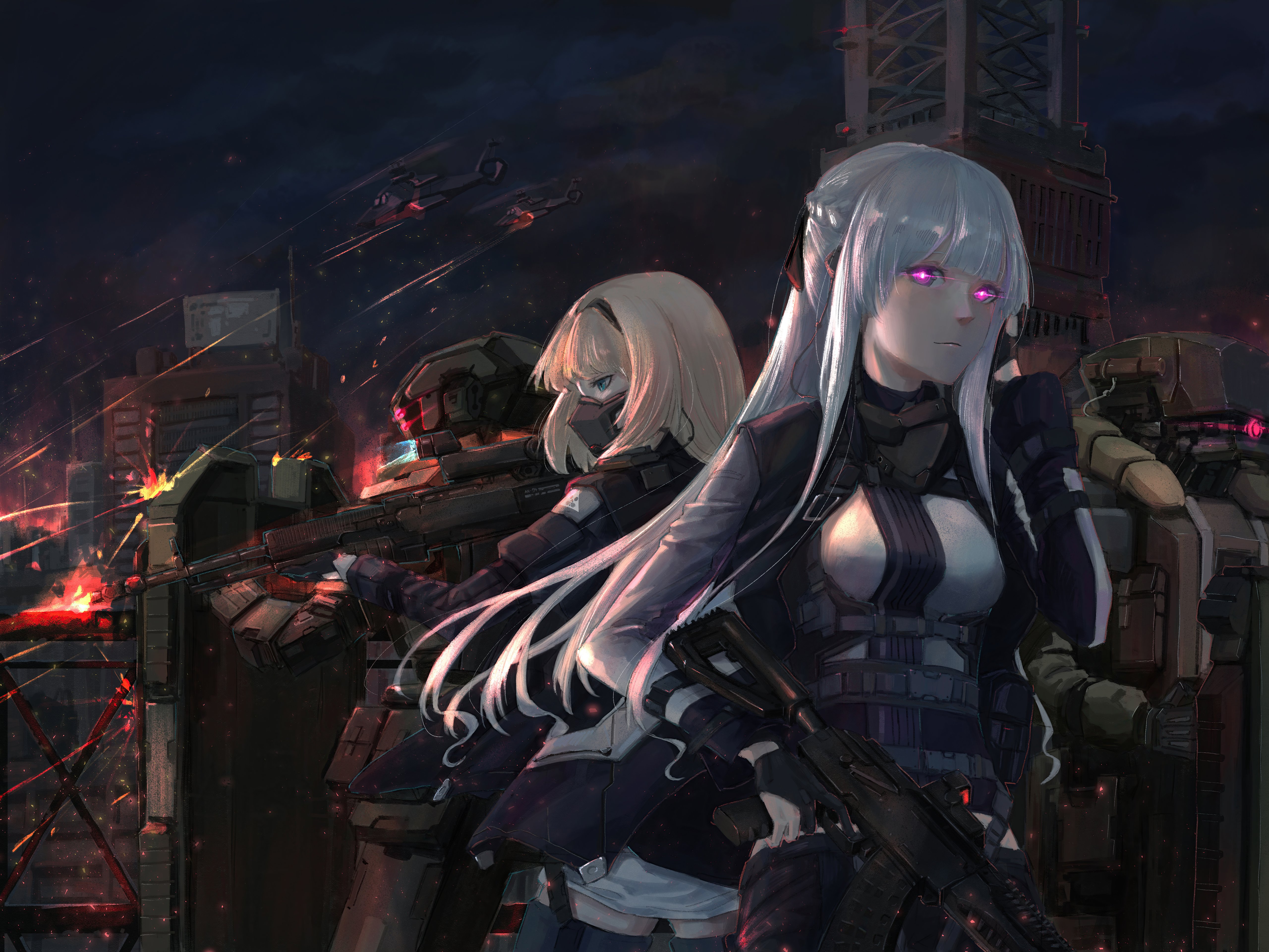 Anime girls with guns in a war-torn city HD Wallpaper