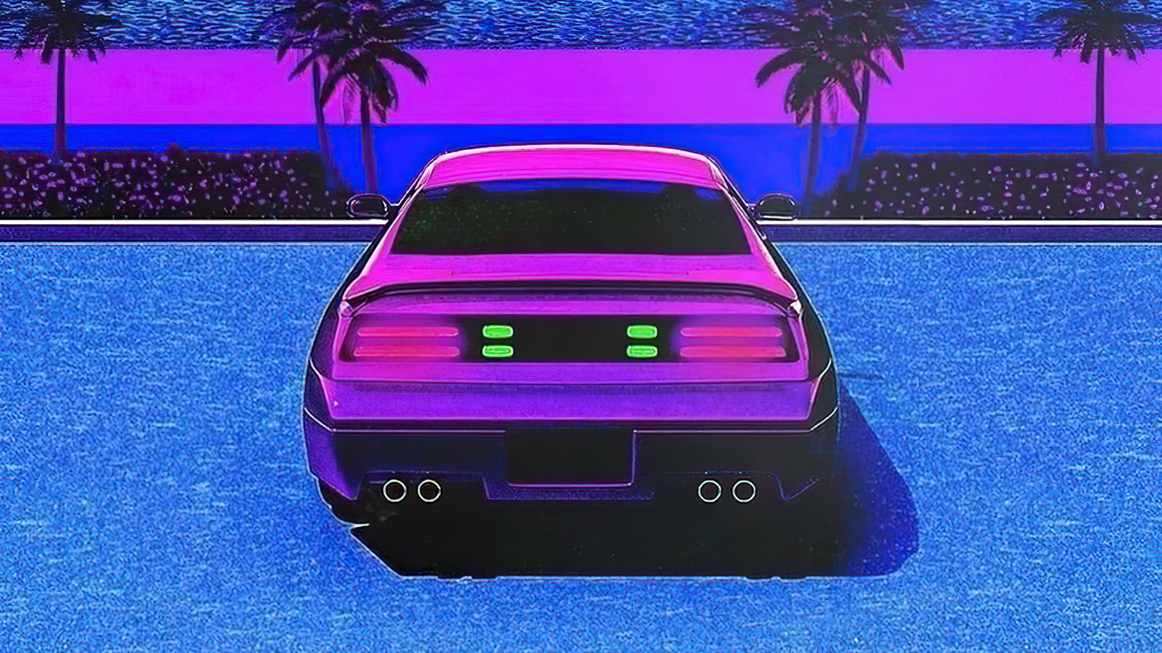 Purple sports car parked by a pool with palm trees HD Wallpaper