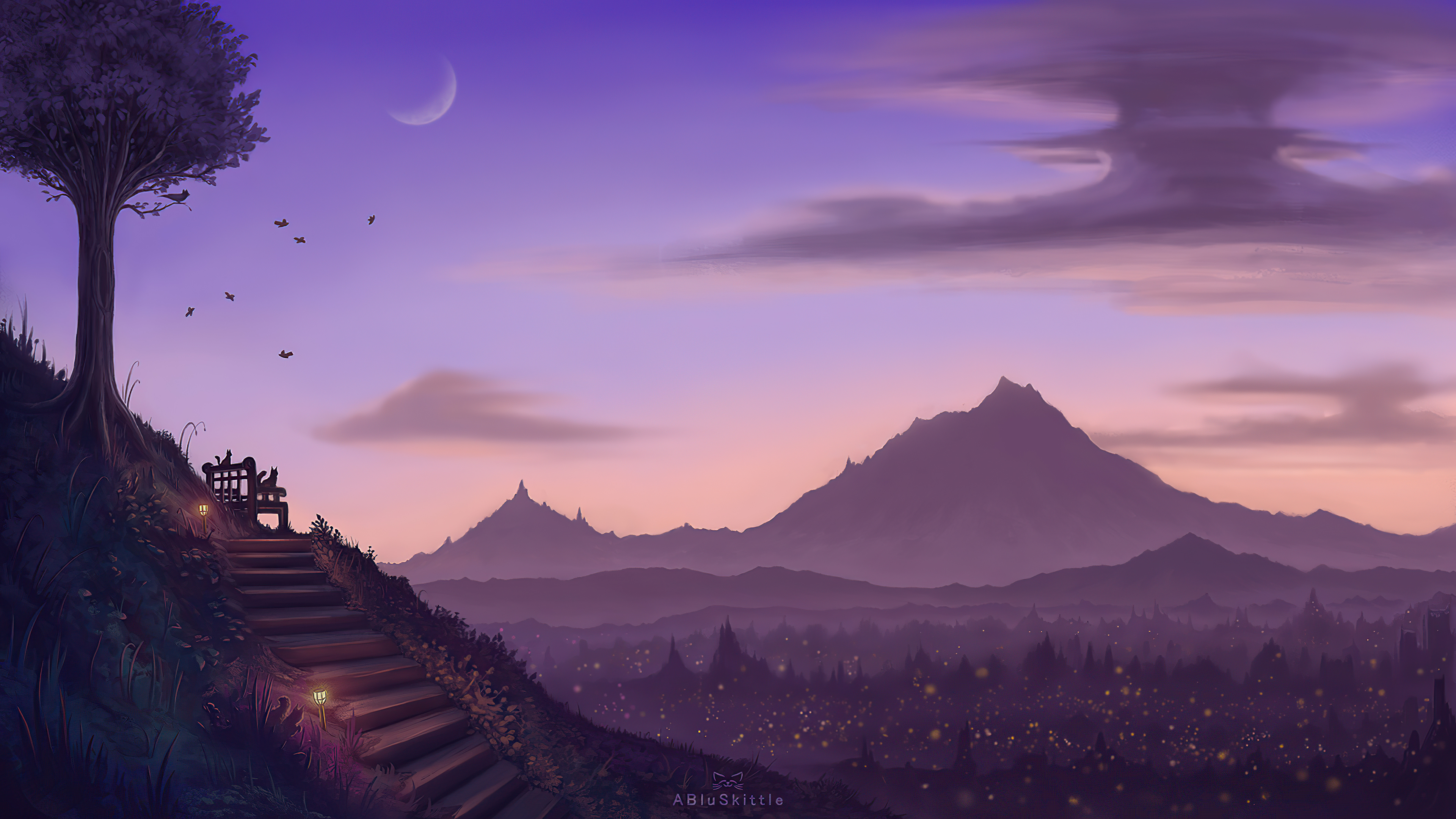 Fantasy landscape with mountains and city at dusk HD Wallpaper