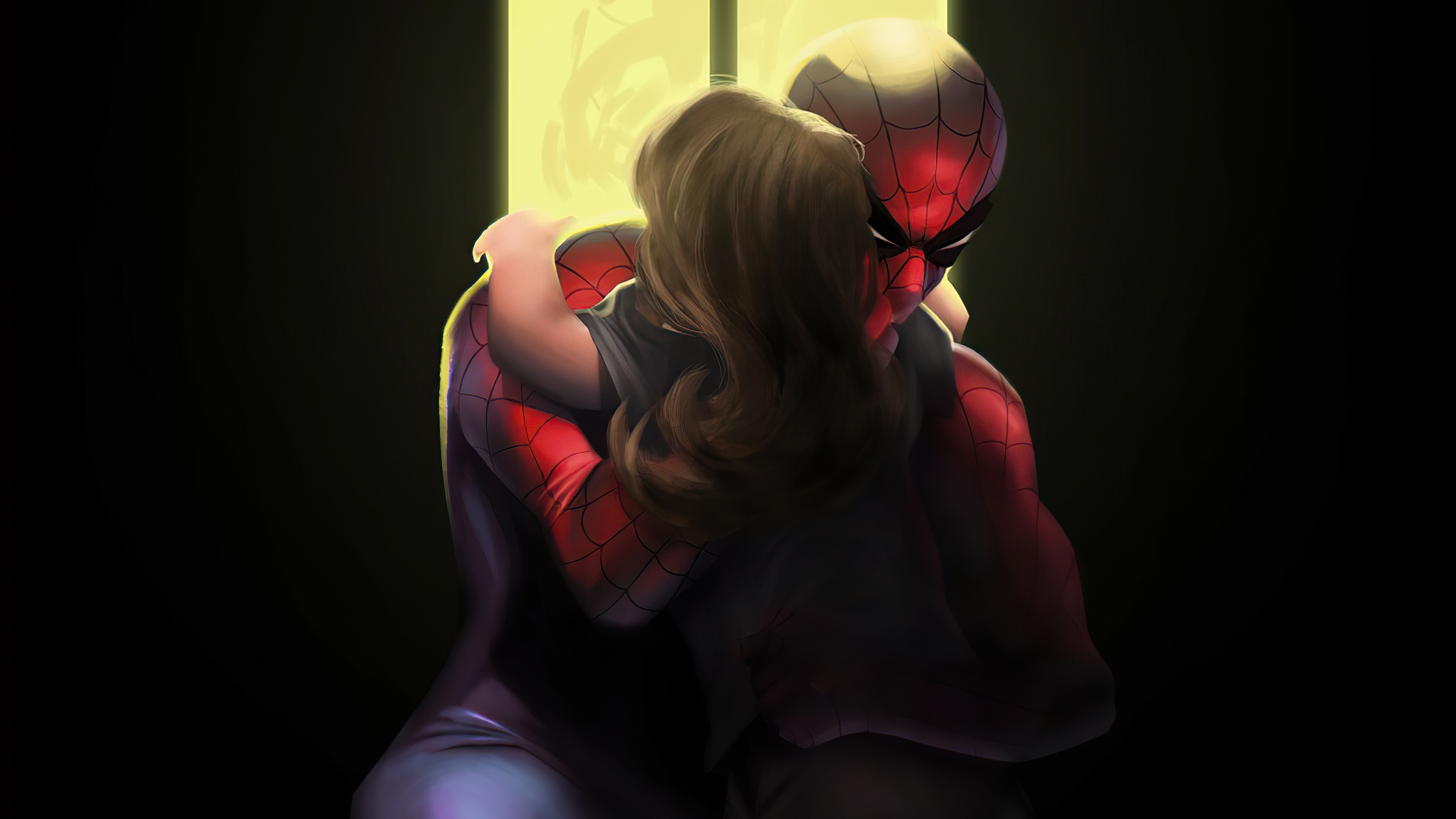 Spider-Man hugging a young girl HD Wallpaper