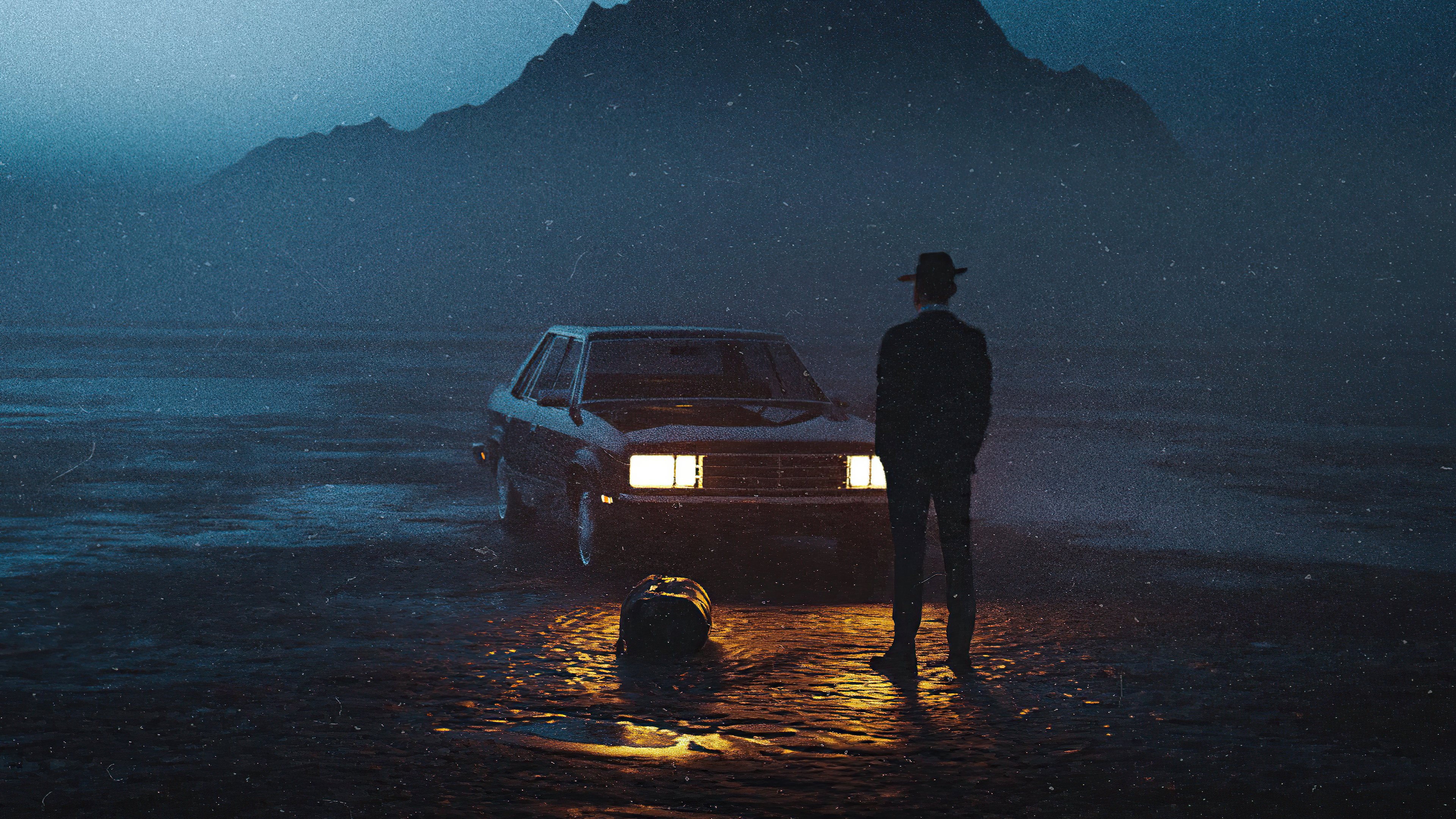 Man in hat and suit by car with luggage HD Wallpaper