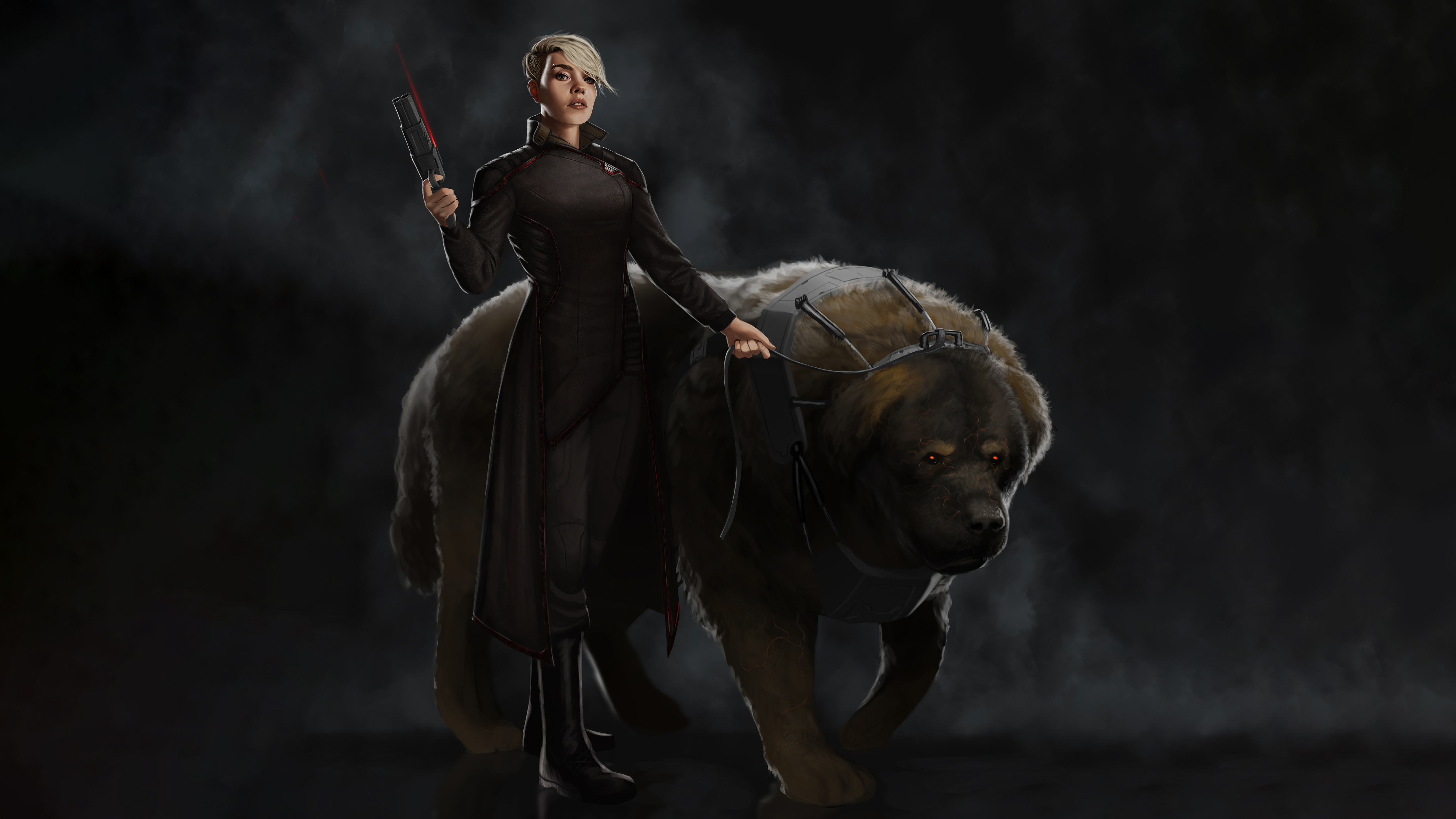 Woman with a weapon and a large dog HD Wallpaper
