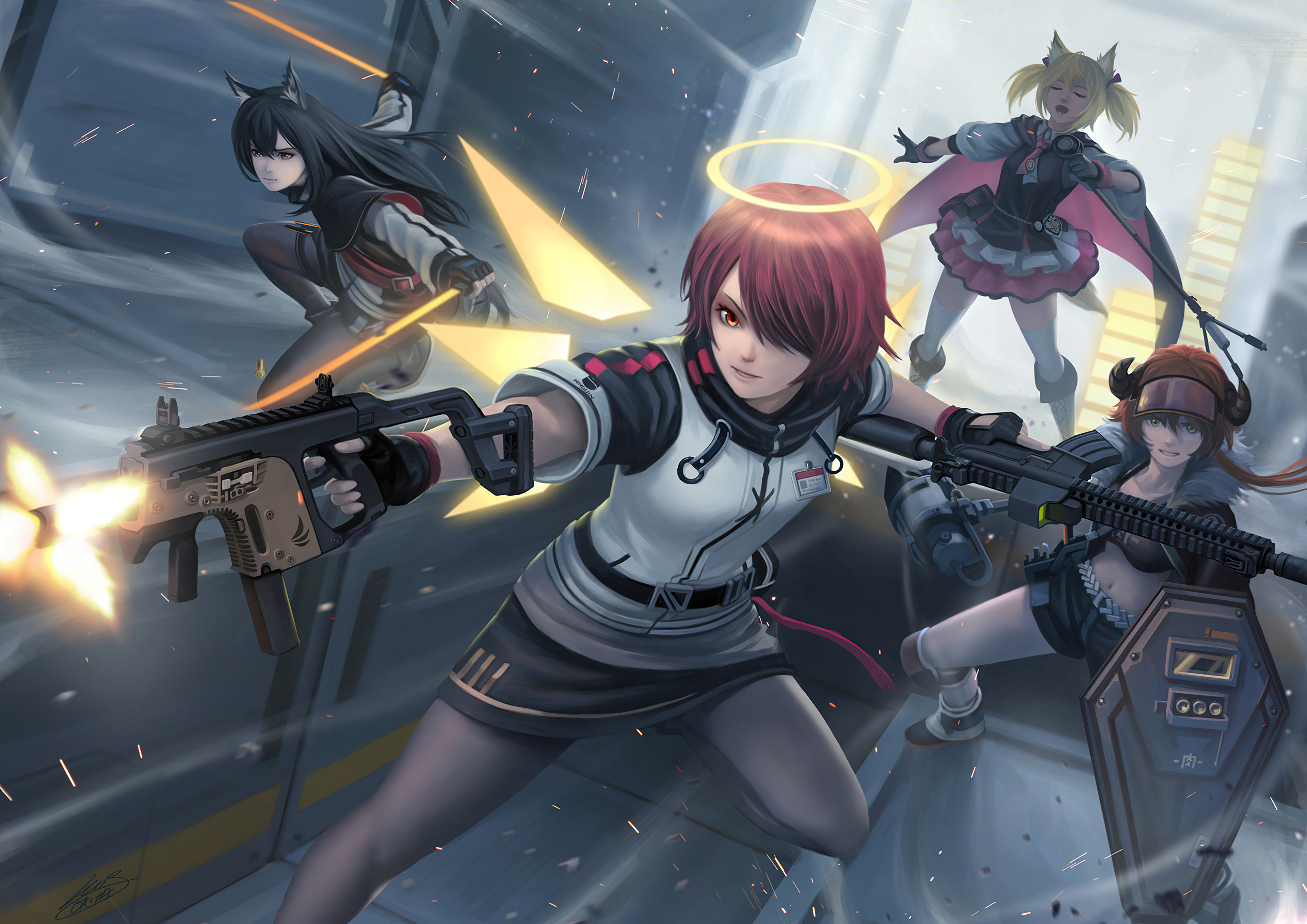 Four anime girls with guns in a battle HD Wallpaper