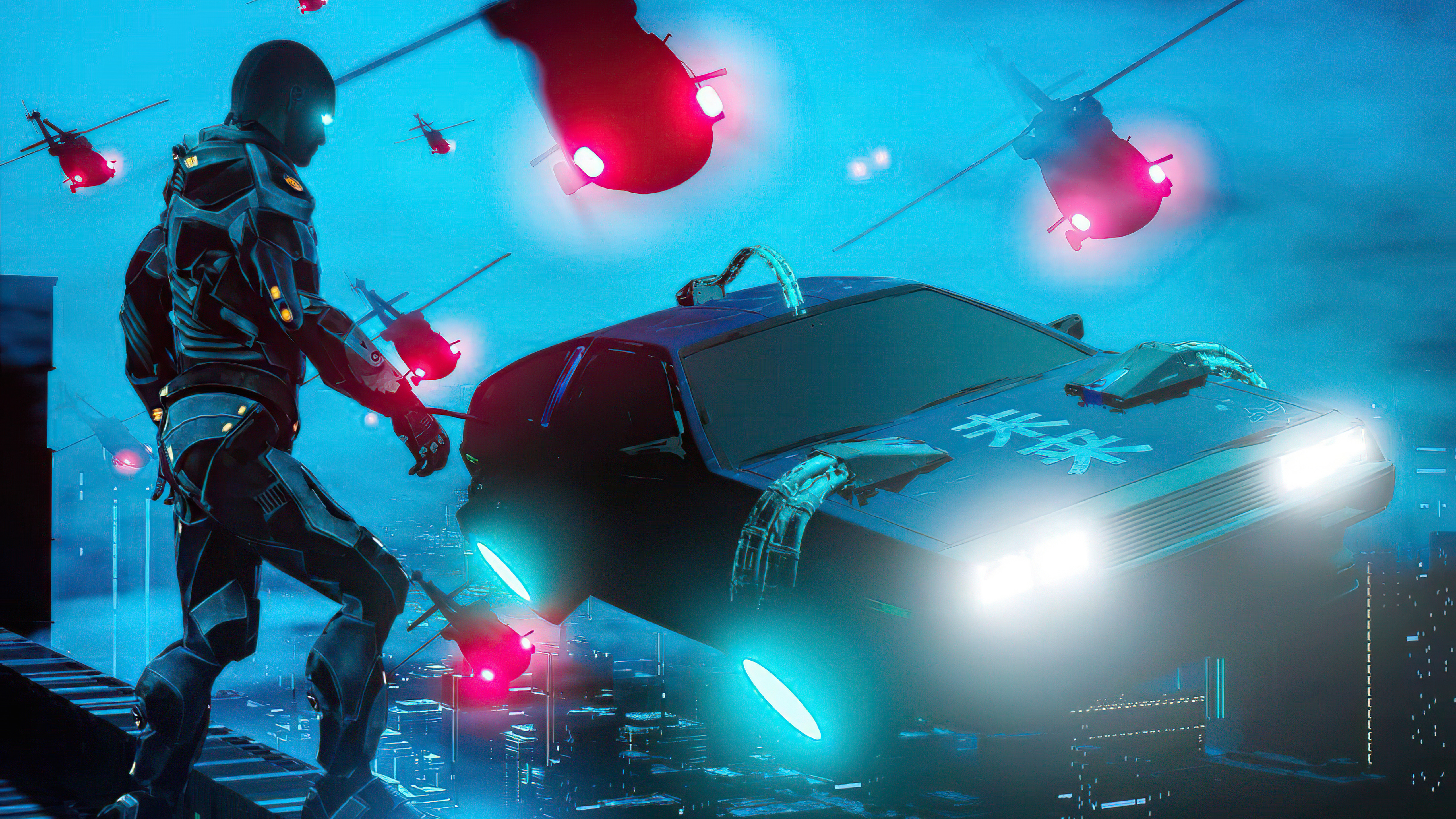 Cyberpunk character and flying police car HD Wallpaper