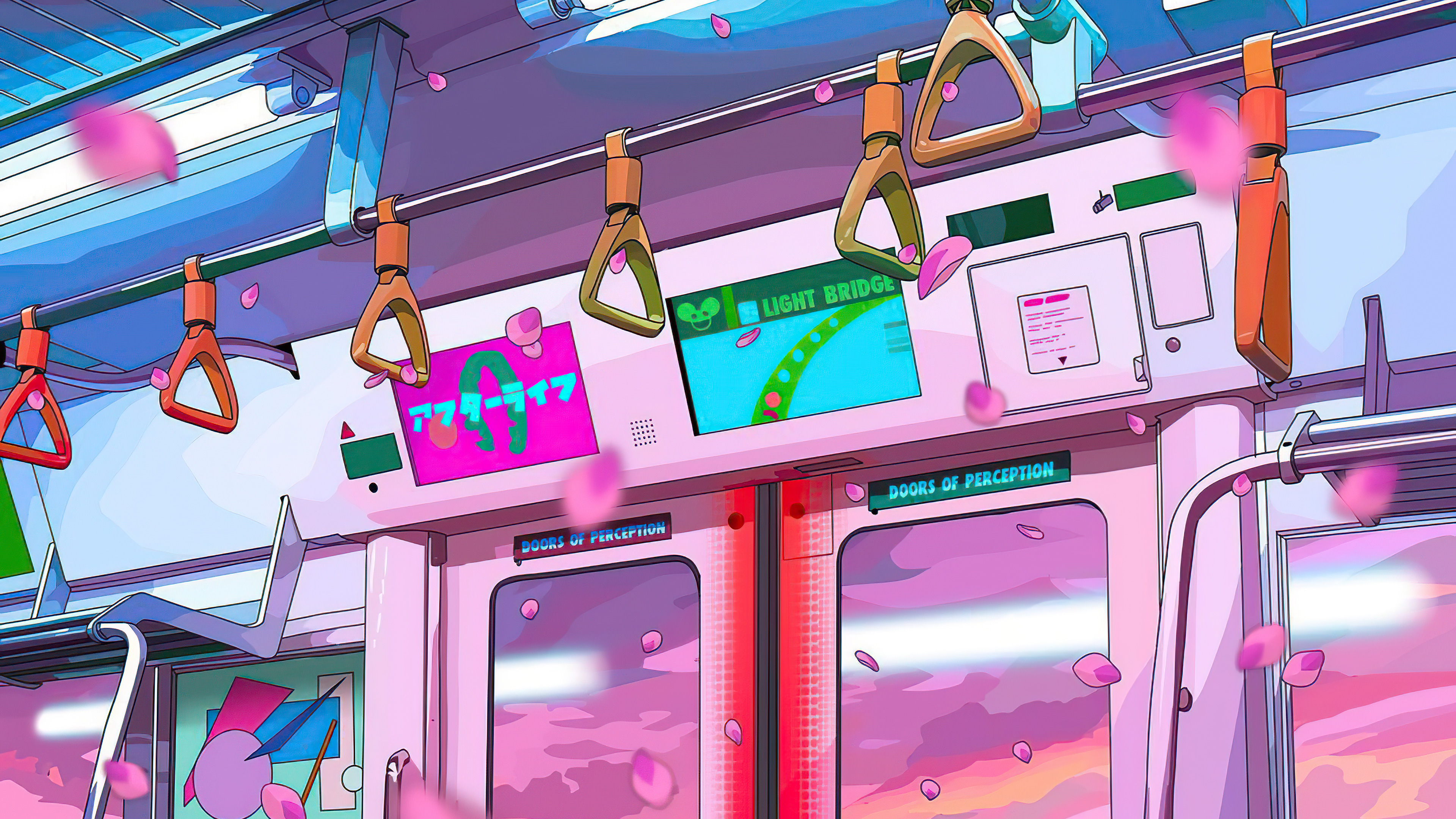 Anime train interior with cherry blossoms and digital displays HD Wallpaper