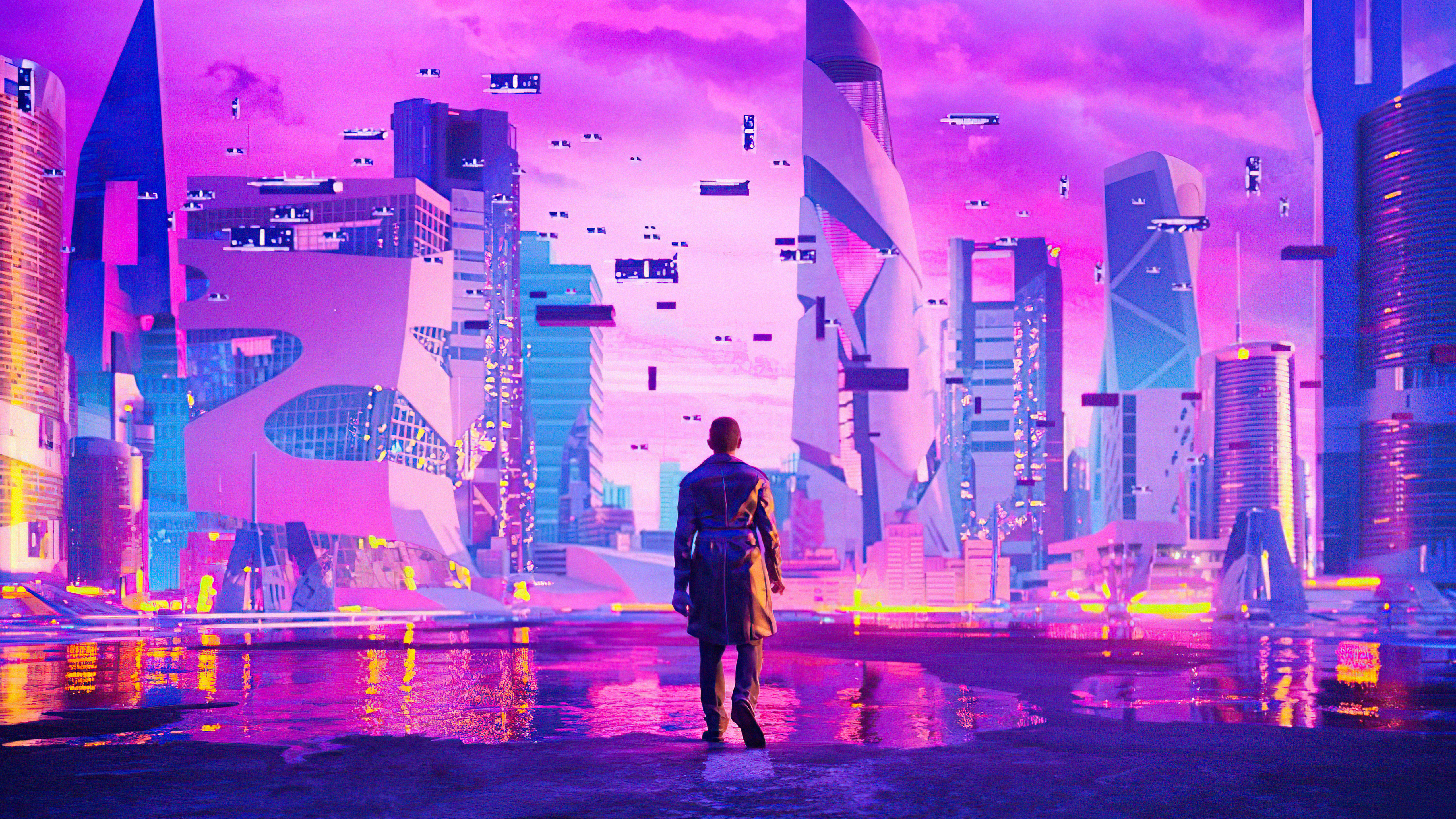 Person in futuristic city with flying vehicles HD Wallpaper