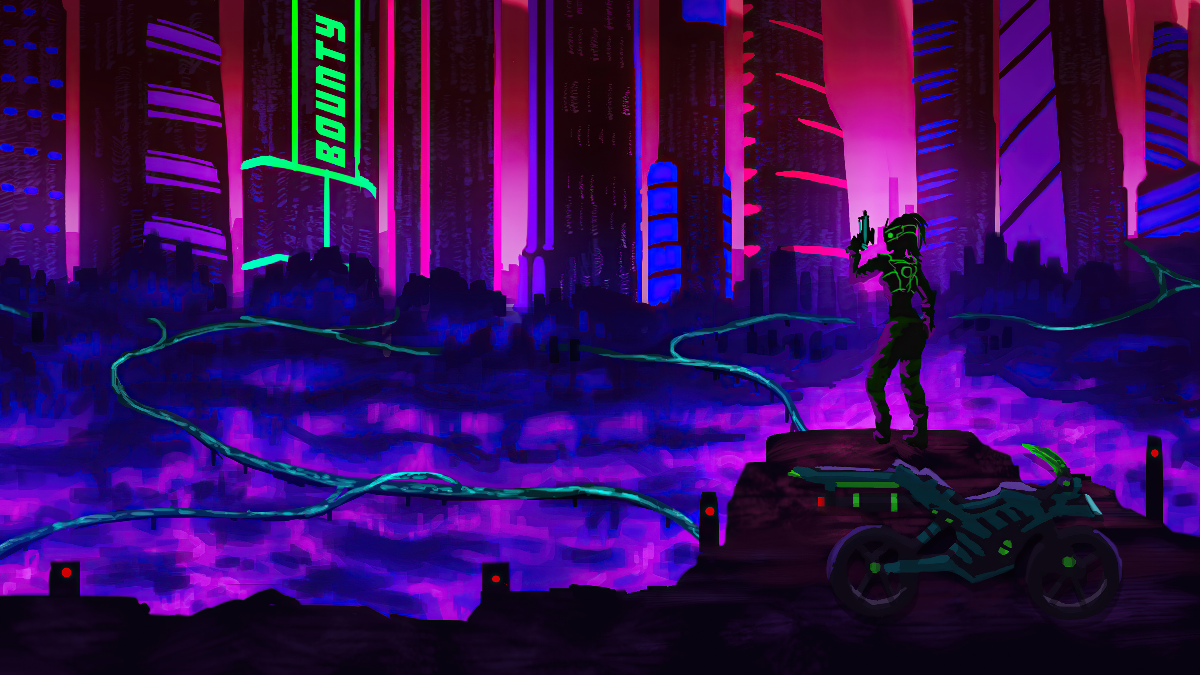 Cyberpunk bounty hunter with motorcycle in neon city HD Wallpaper