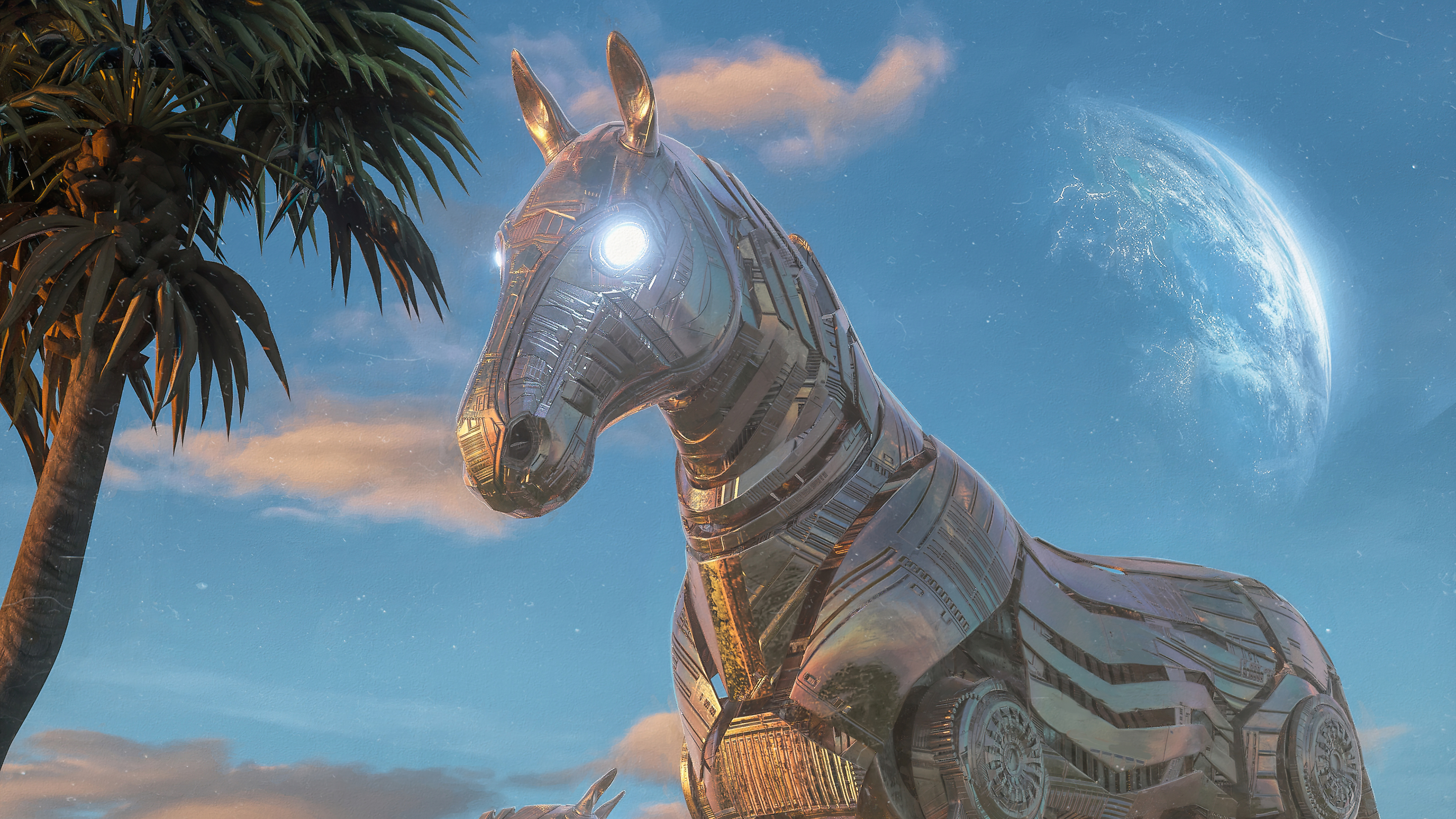 Mechanical Horse with Glowing Eyes and Planet HD Wallpaper