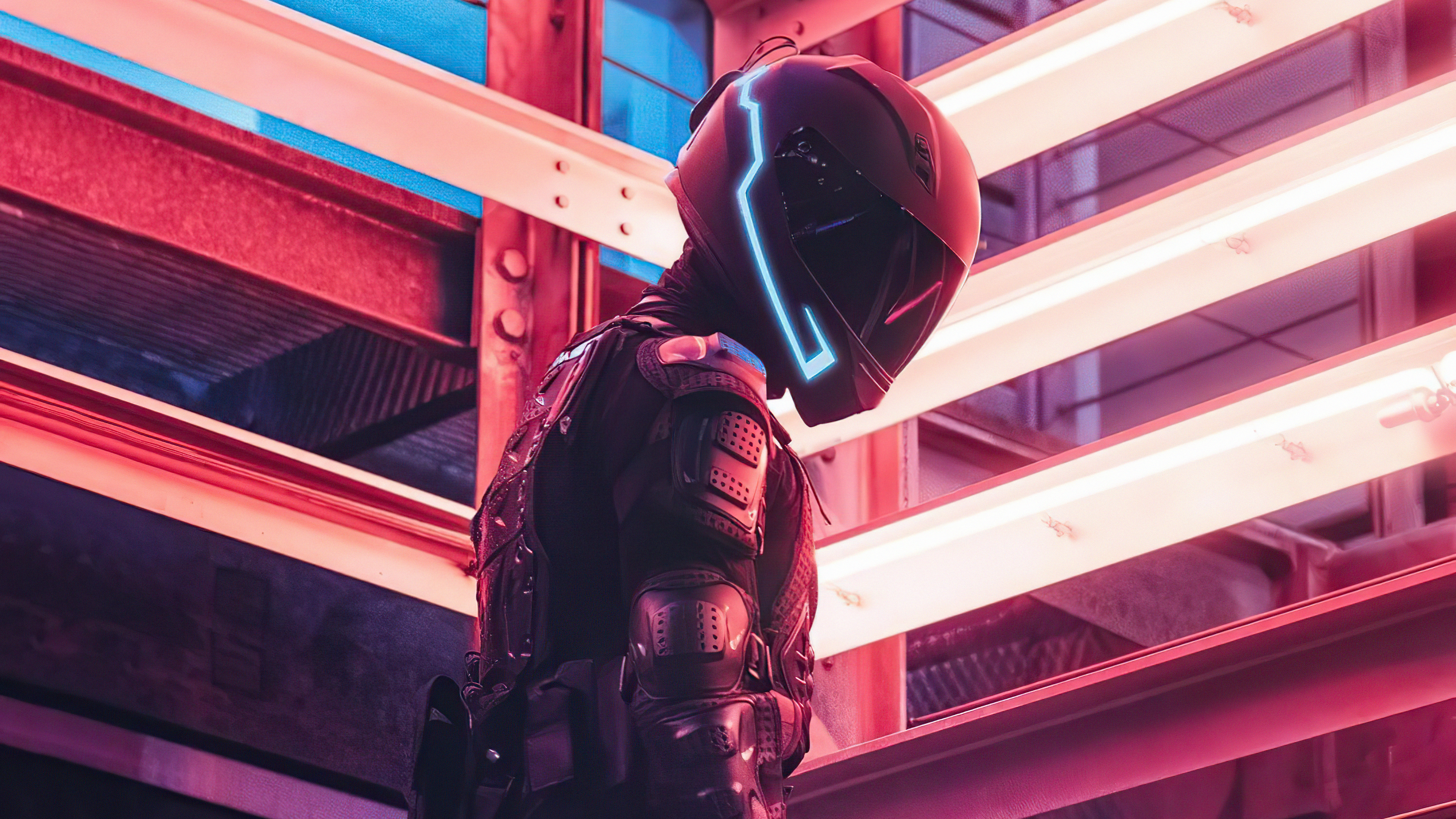 Cyberpunk character with a glowing helmet HD Wallpaper