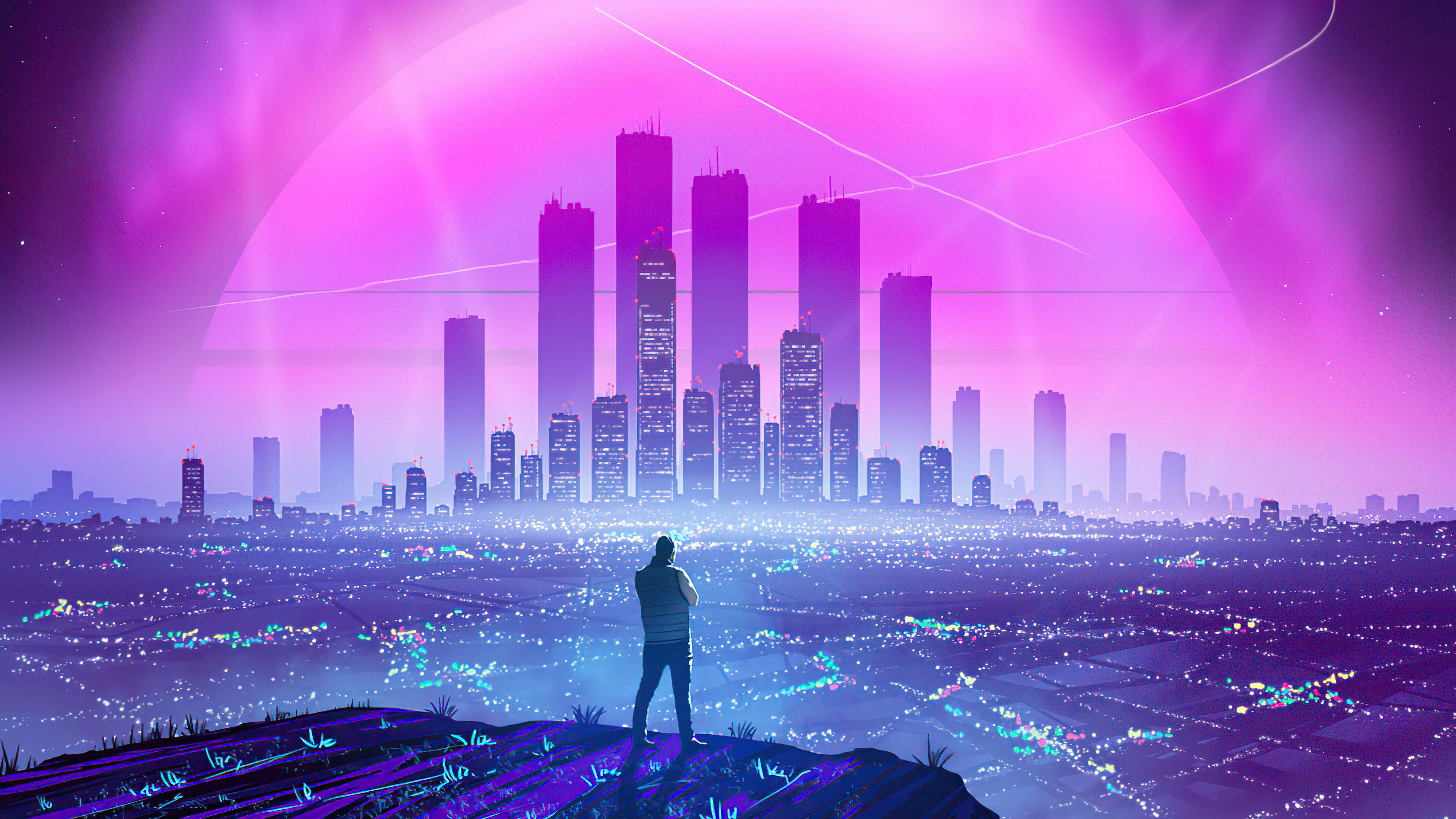Synthwave Cityscape with Neon Glow 4K HD Wallpaper