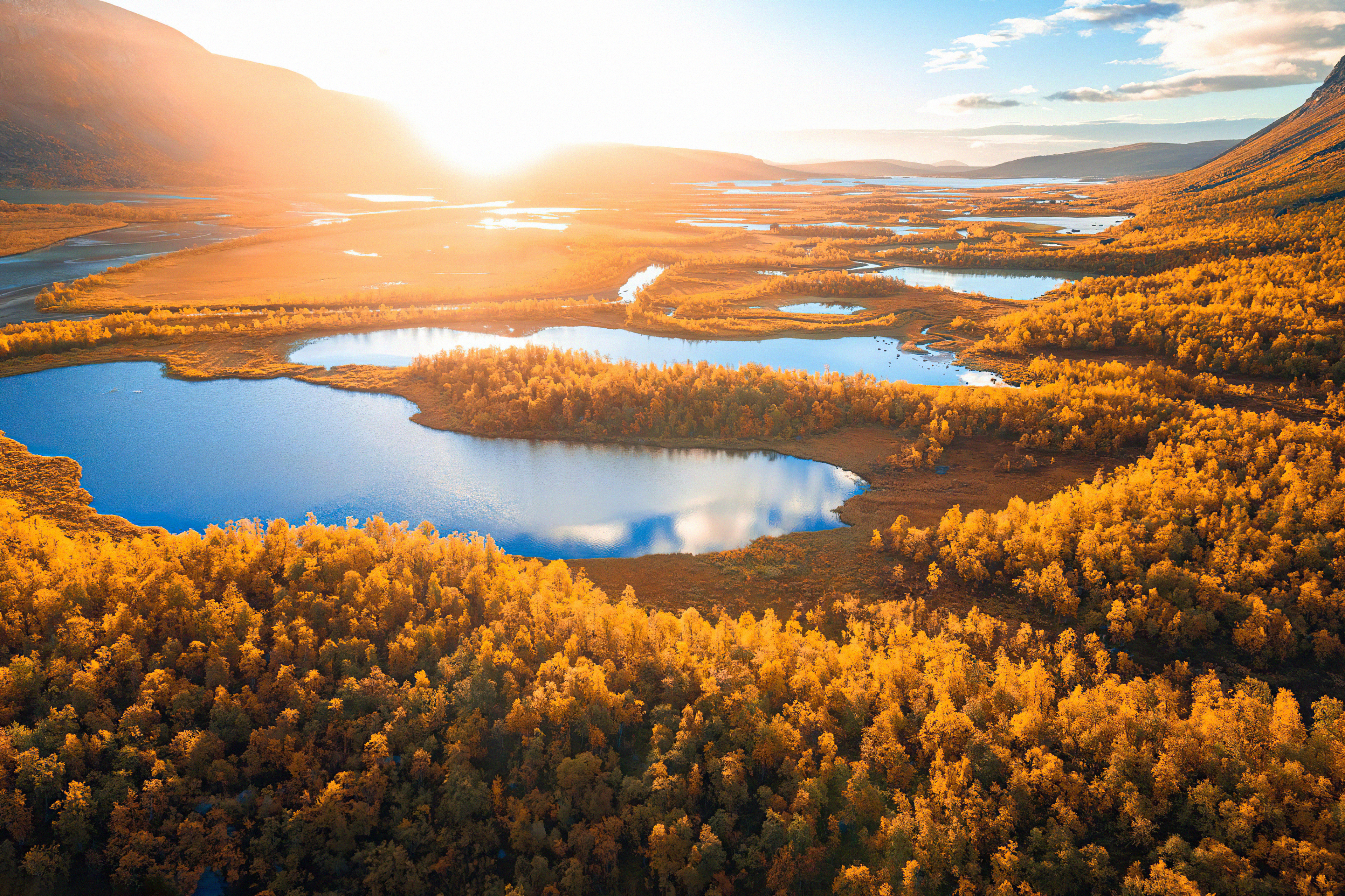 Autumn landscape with lakes and mountains at sunrise 4K HD Wallpaper