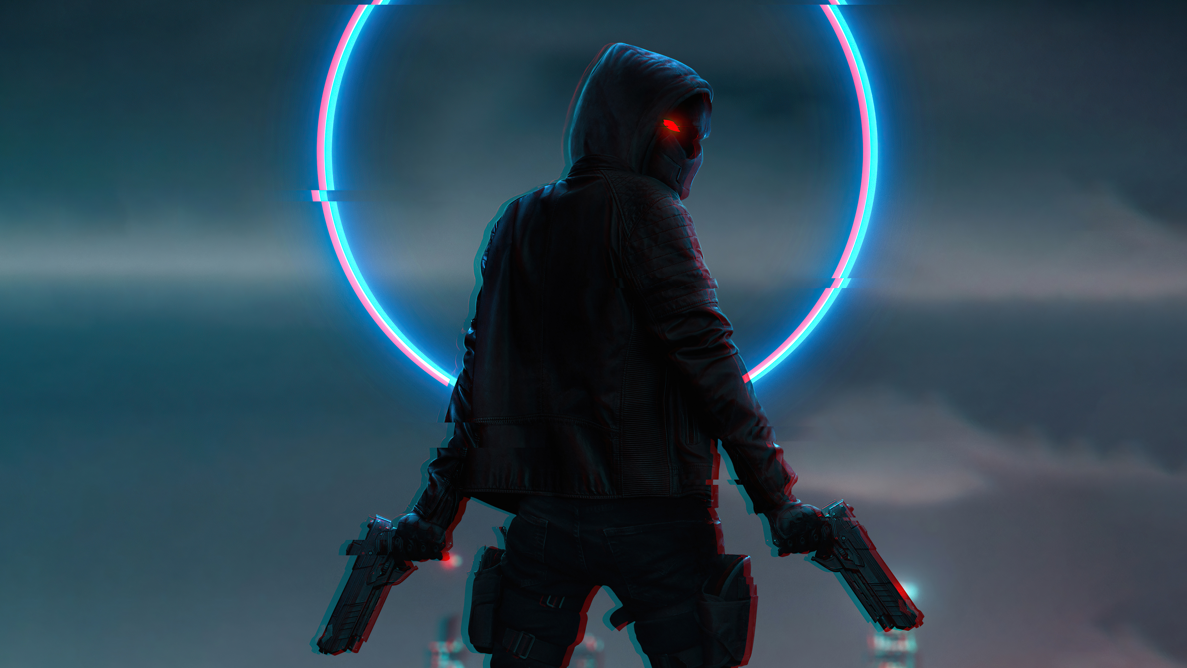 Warrior with guns and neon circle 4K HD Wallpaper