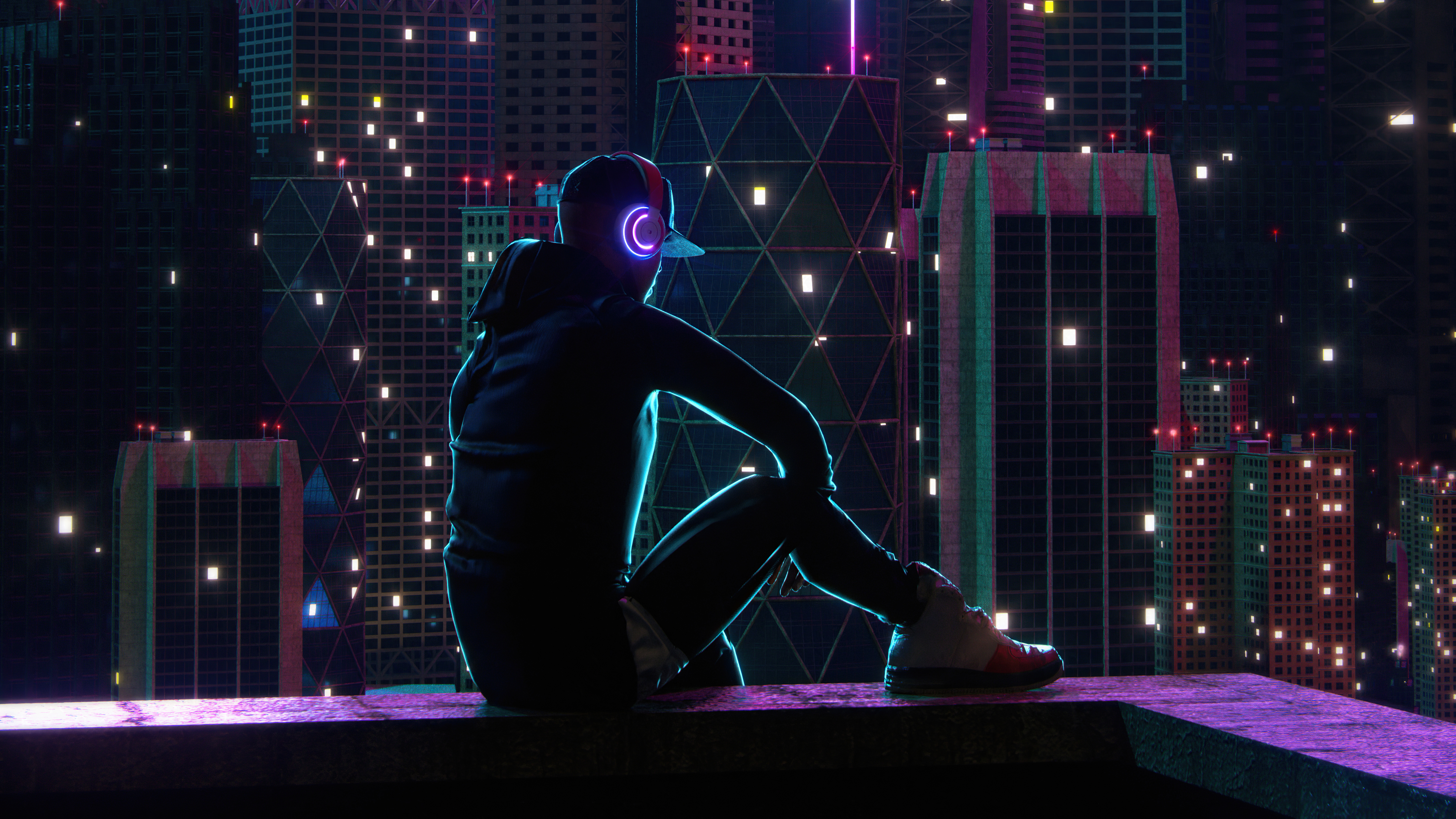Person with headphones on rooftop overlooking neon city HD Wallpaper