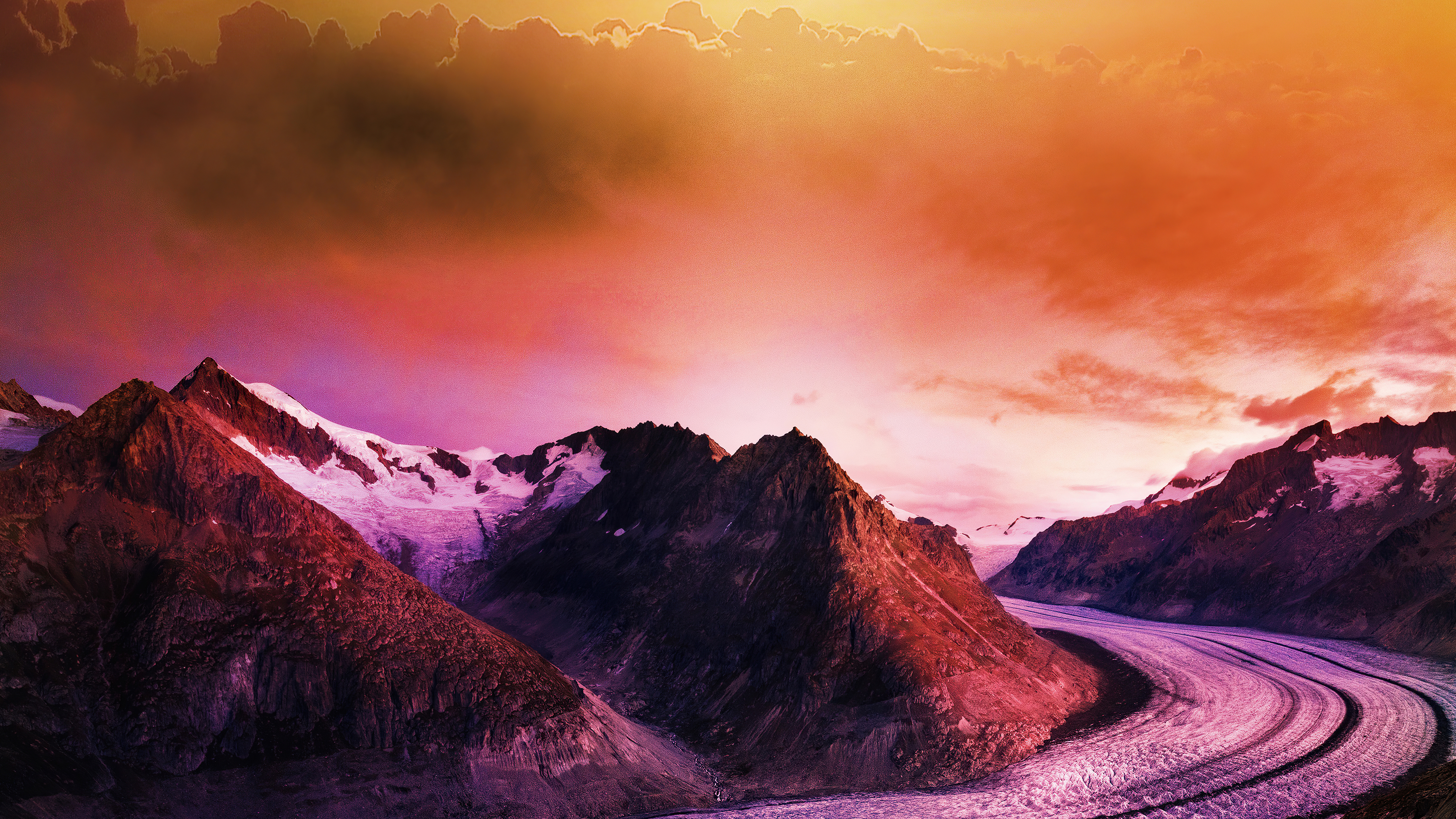 Mountain range with glacier and colorful sky HD Wallpaper