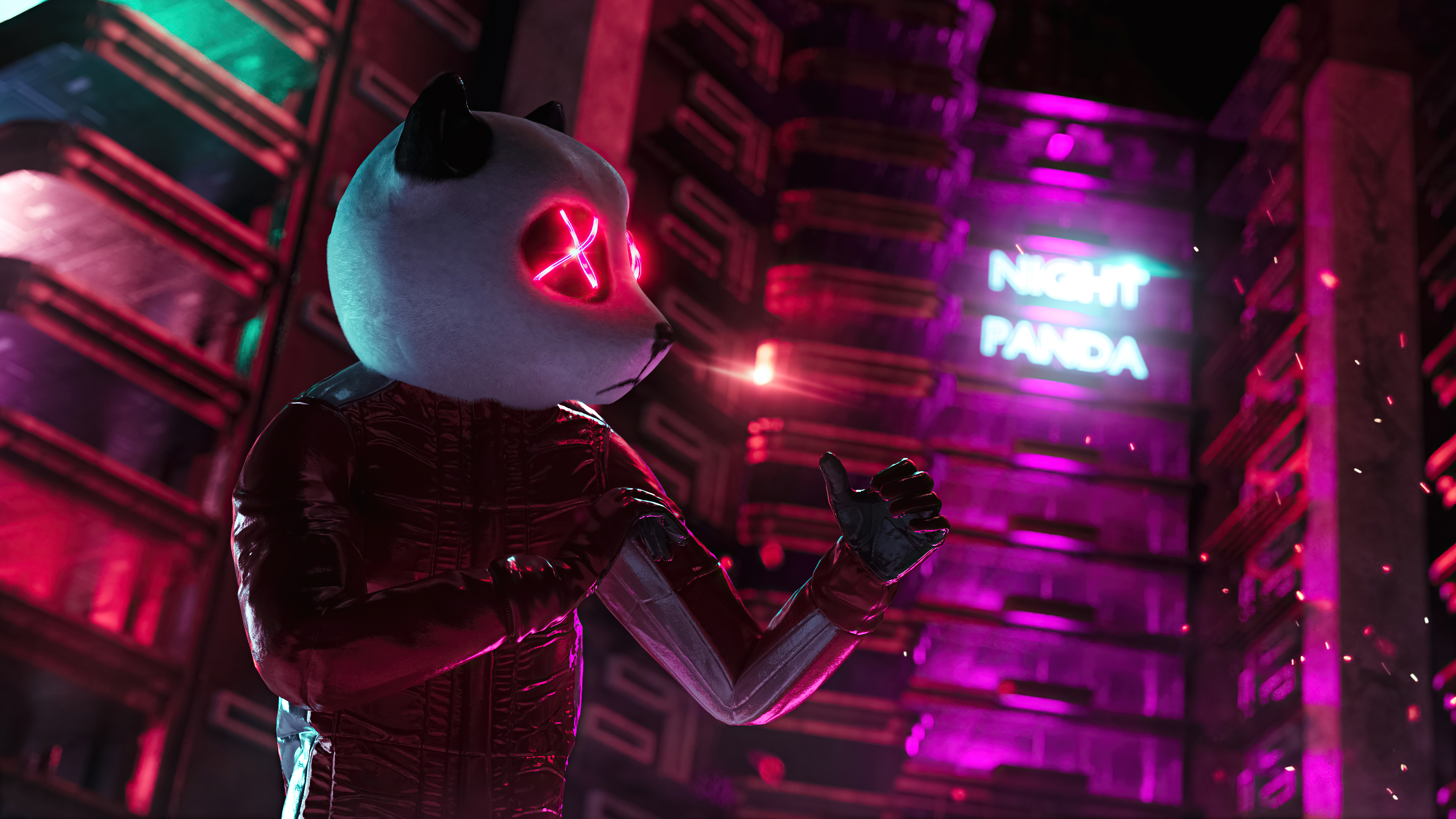 Night Panda artwork in neon city HD Wallpaper