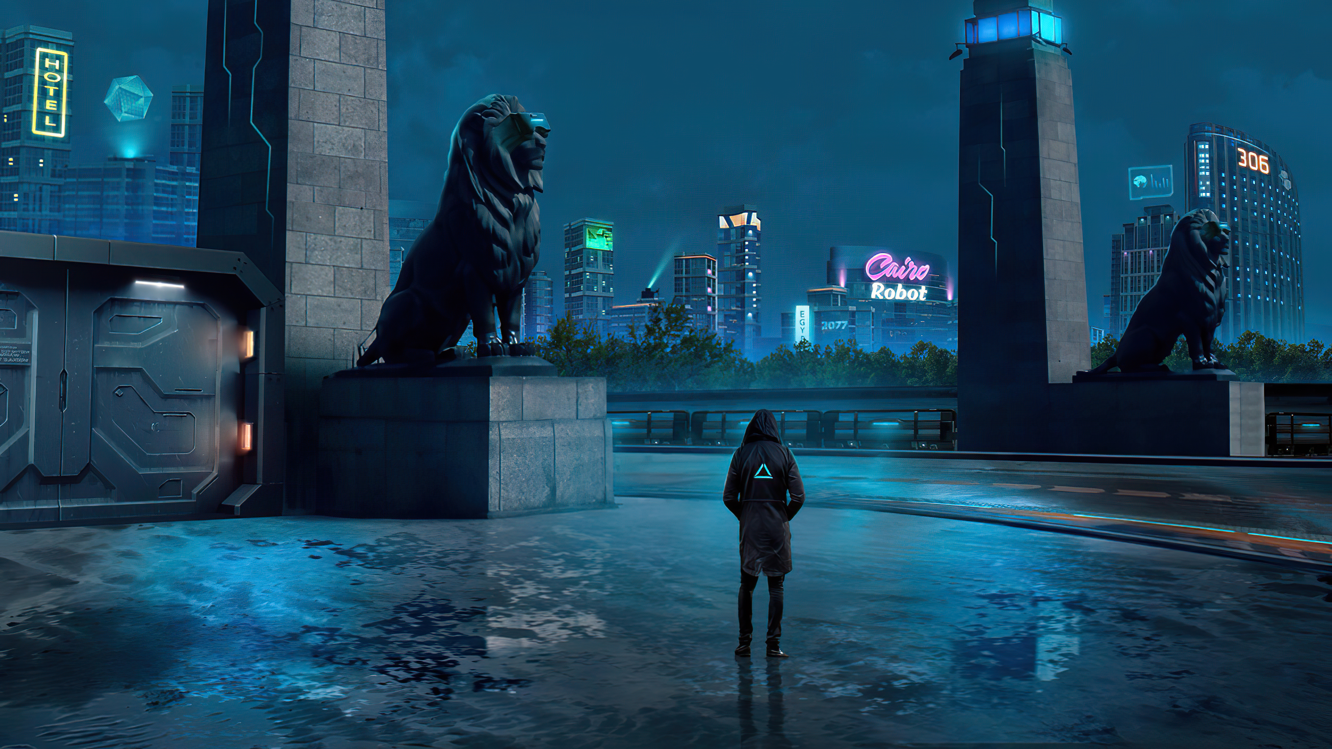 Cyberpunk city with lion statues and a person in a hoodie HD Wallpaper