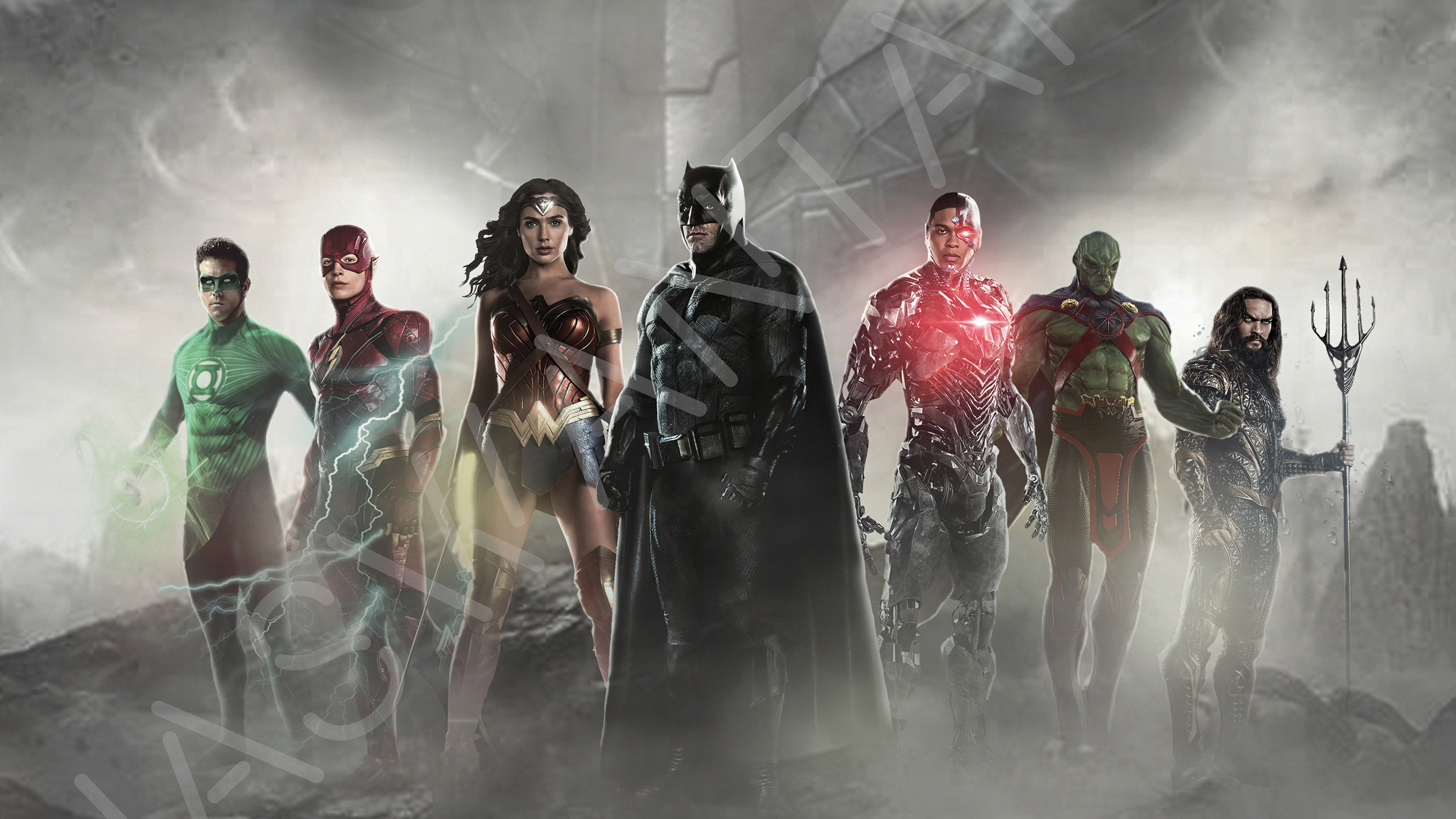 Justice League superheroes: Green Lantern, Flash, Wonder Woman, Batman, Cyborg, Martian Manhunter, Aquaman HD Wallpaper