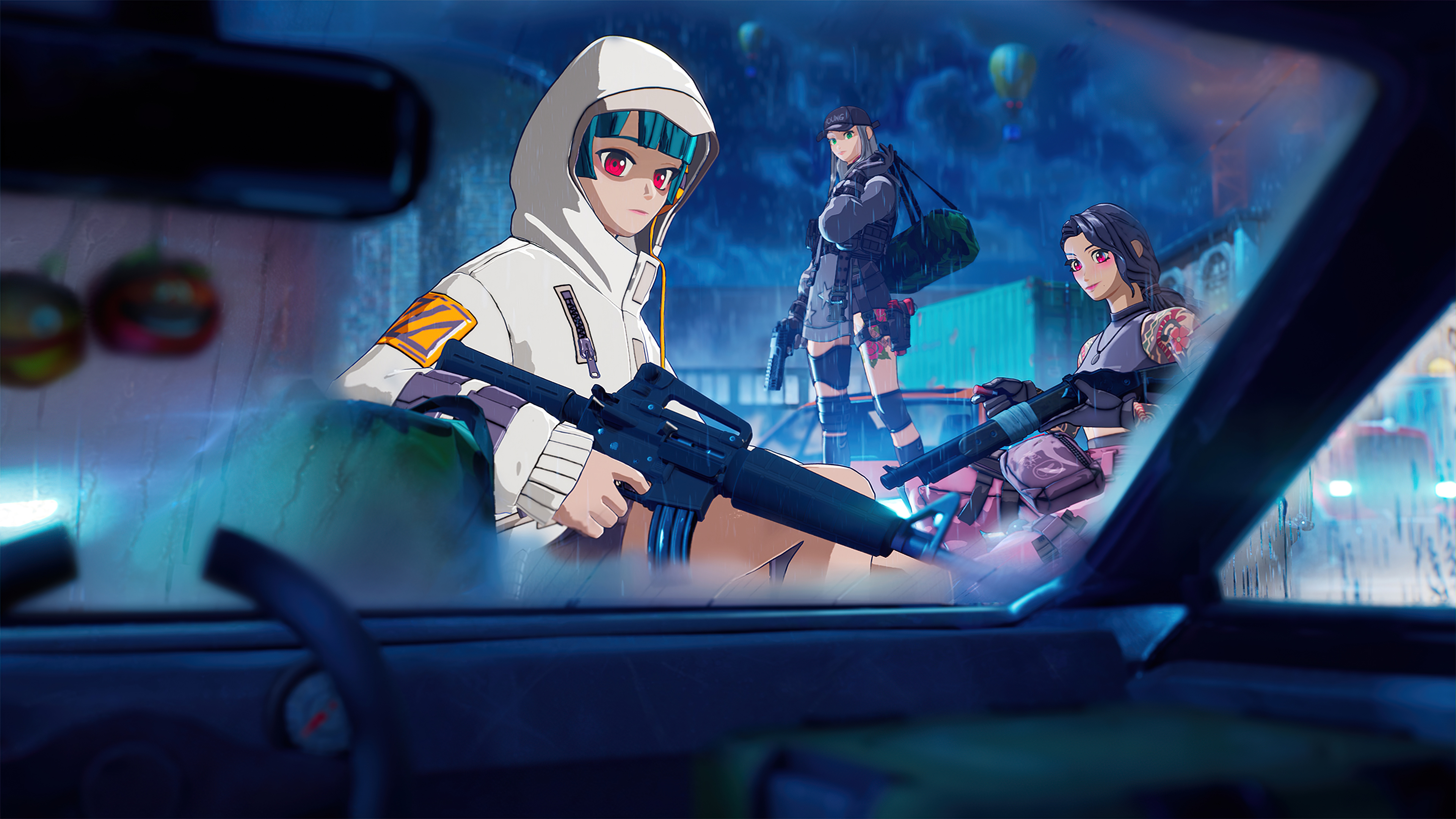 Fortnite characters with guns in a rainy city HD Wallpaper