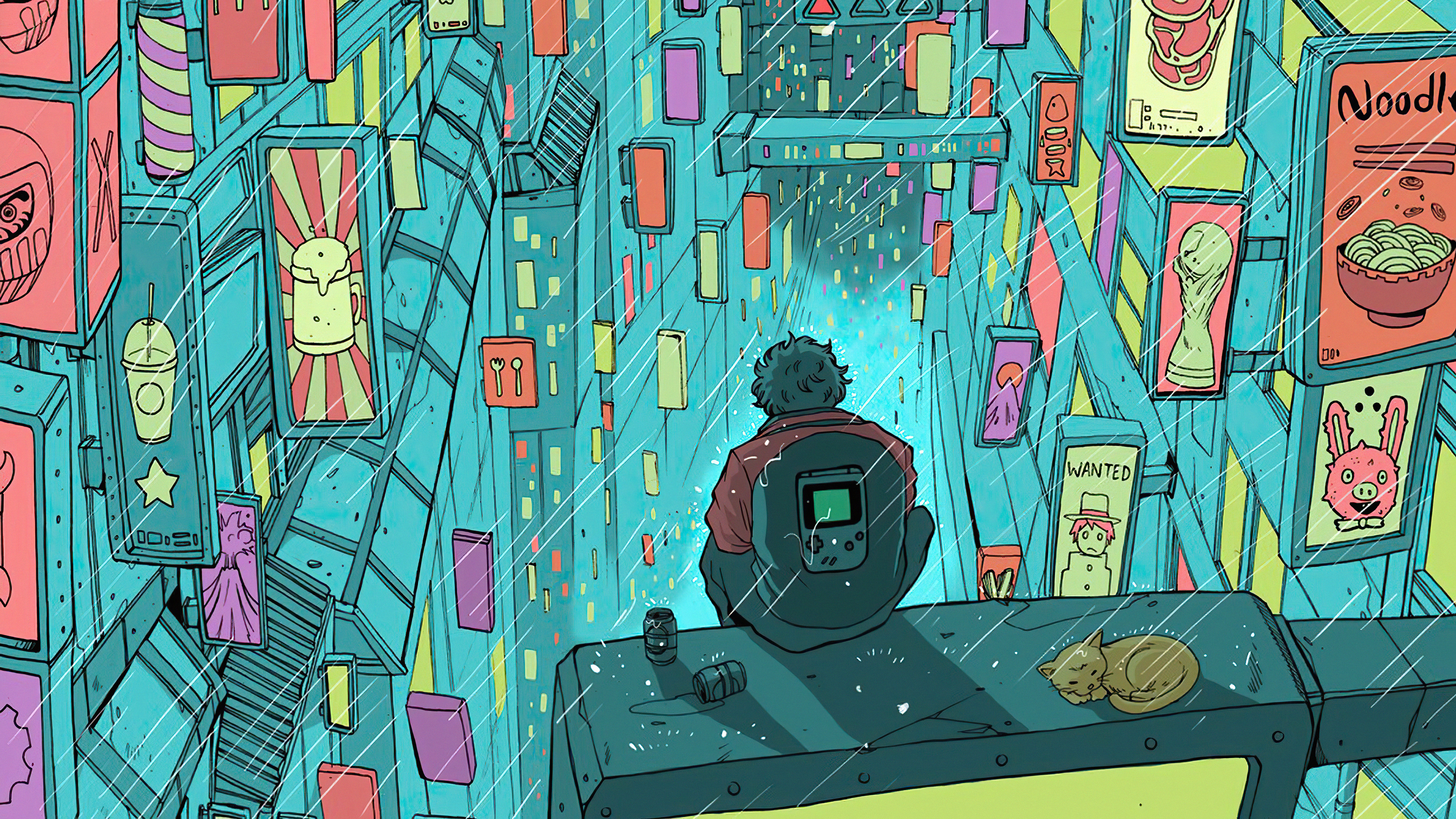 Person sitting on rooftop in rainy cyberpunk city HD Wallpaper