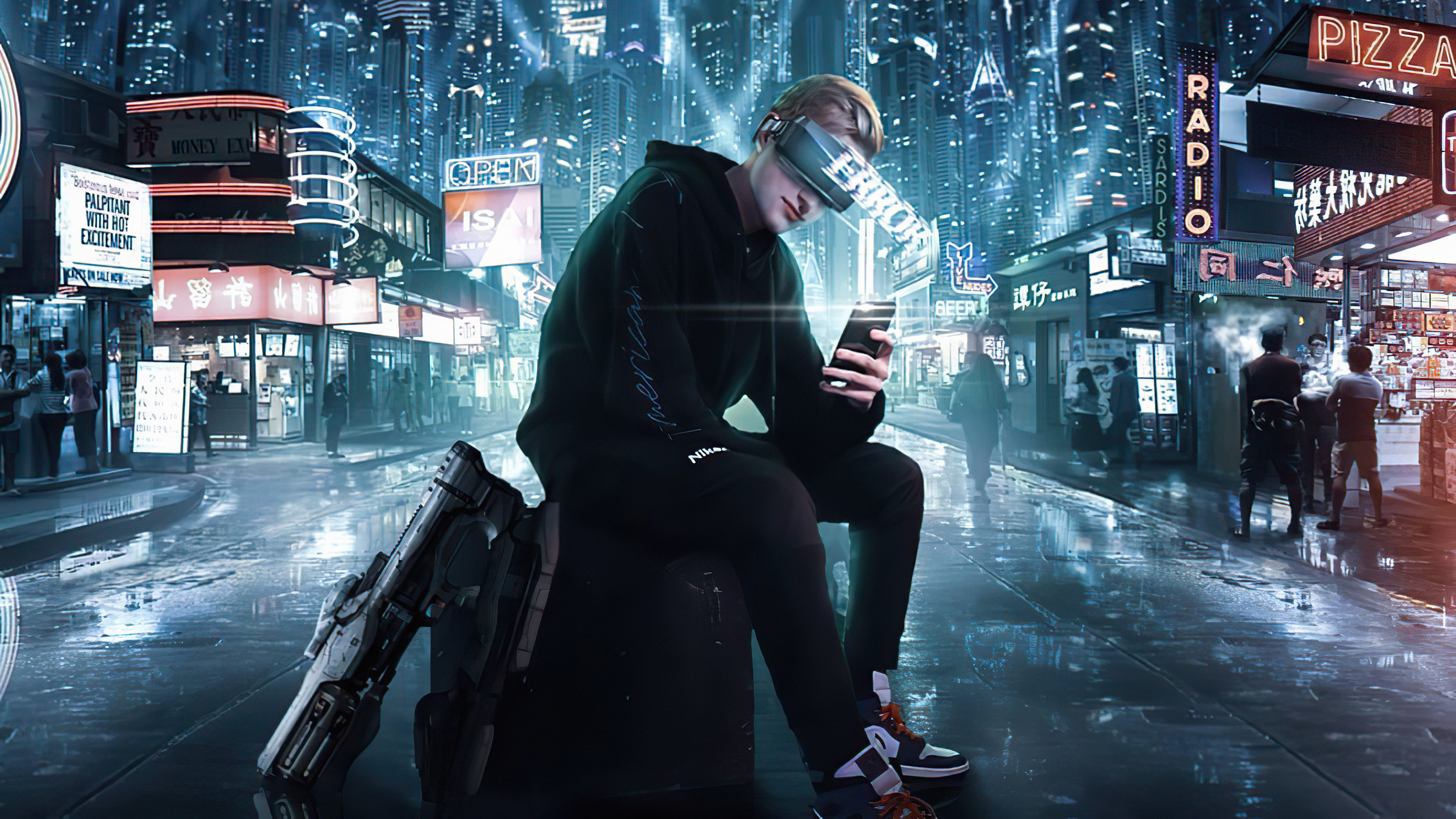 Cyberpunk man with VR headset and gun in neon city HD Wallpaper