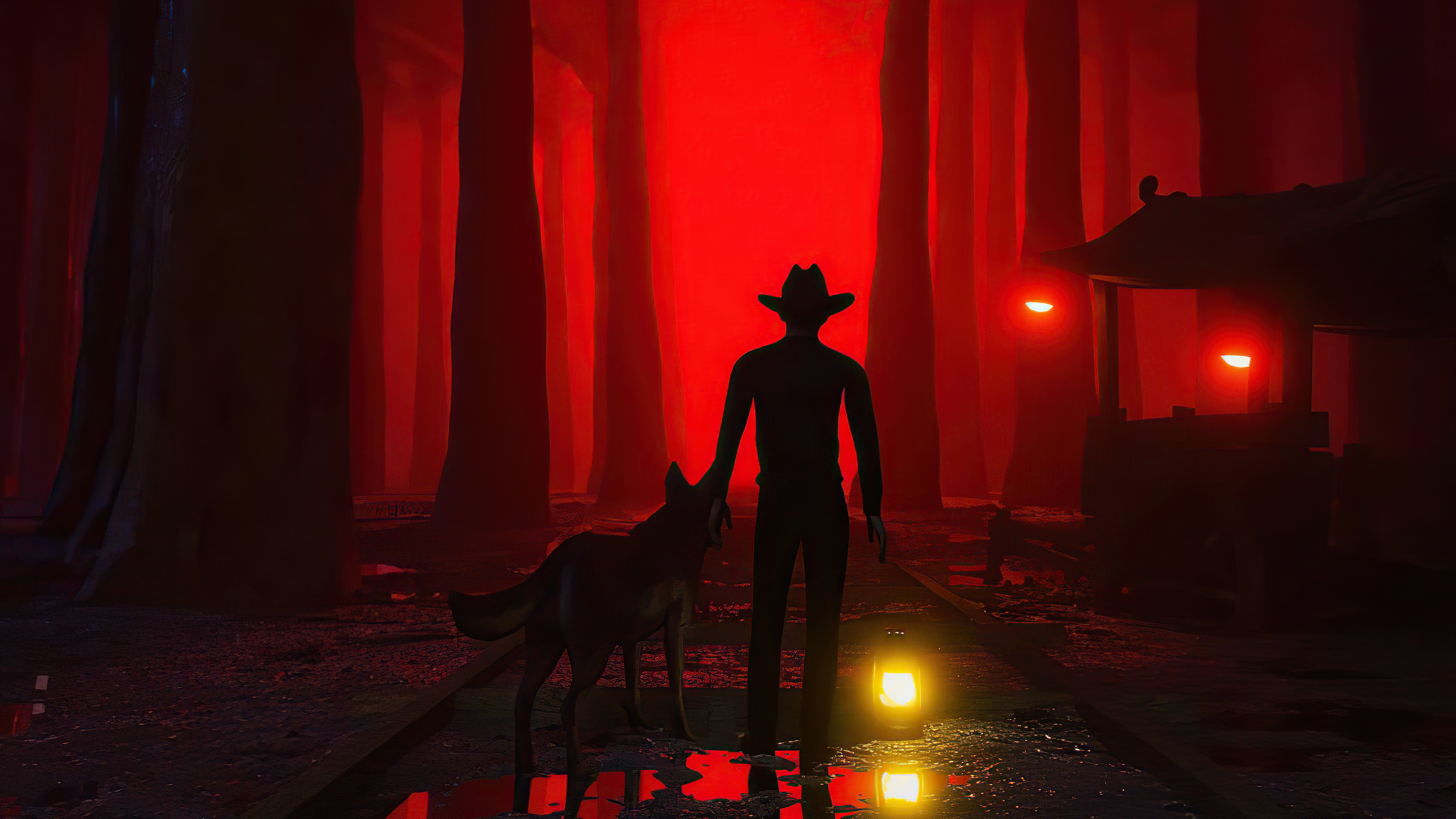 Man in cowboy hat with dog in red forest HD Wallpaper