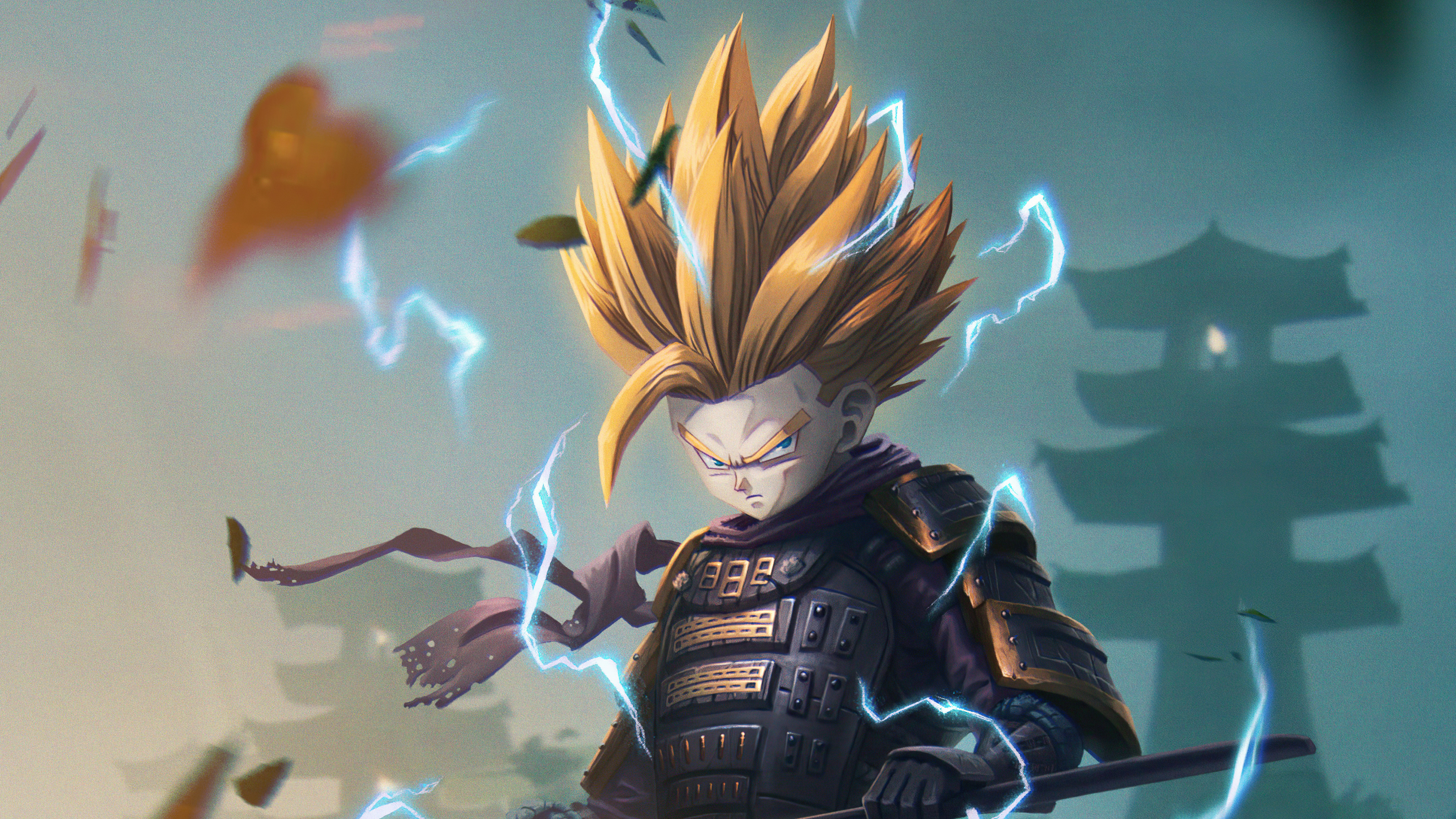 Anime boy in samurai armor with lightning HD Wallpaper