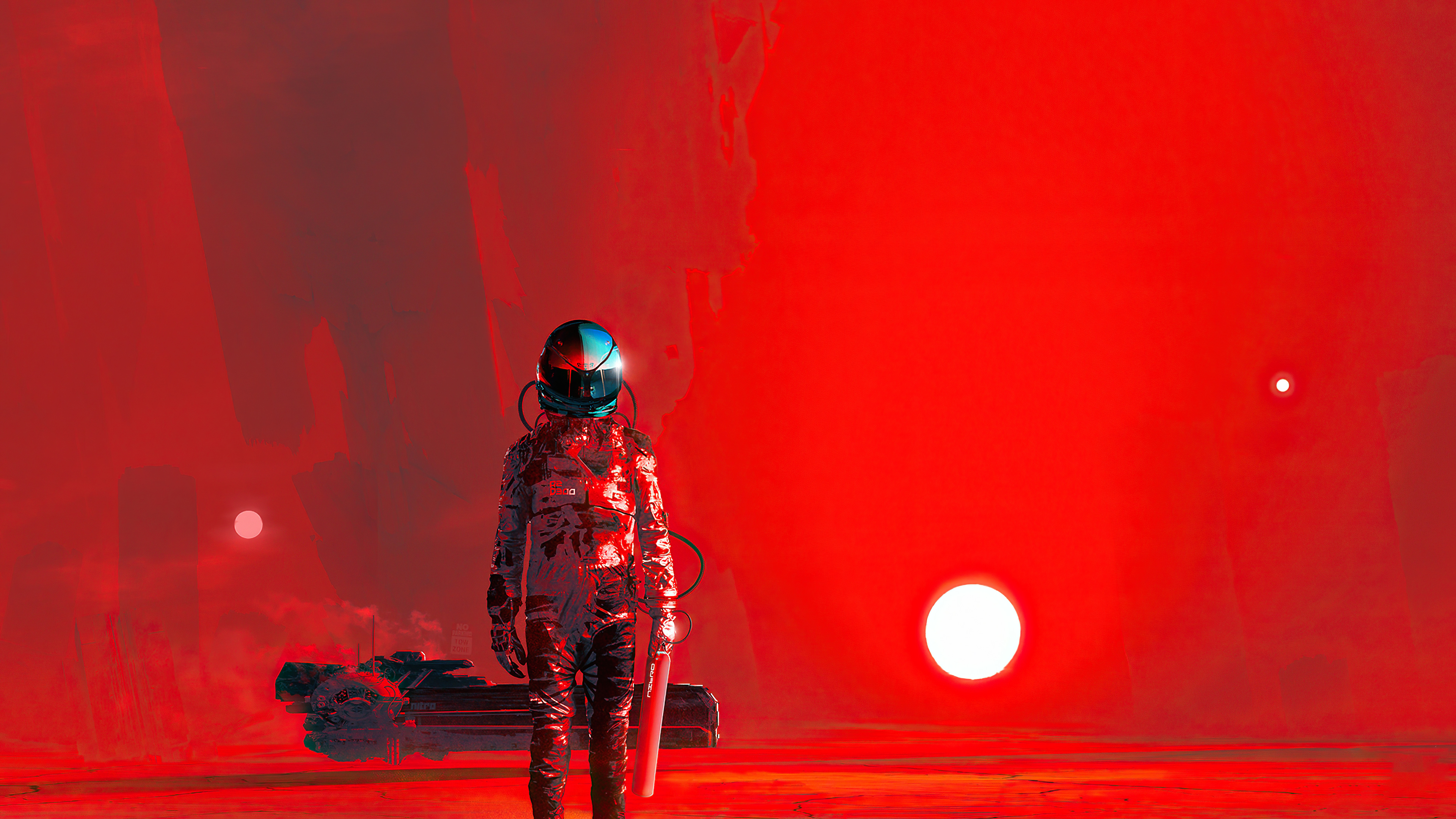 Astronaut on a red alien planet with multiple suns HD Wallpaper