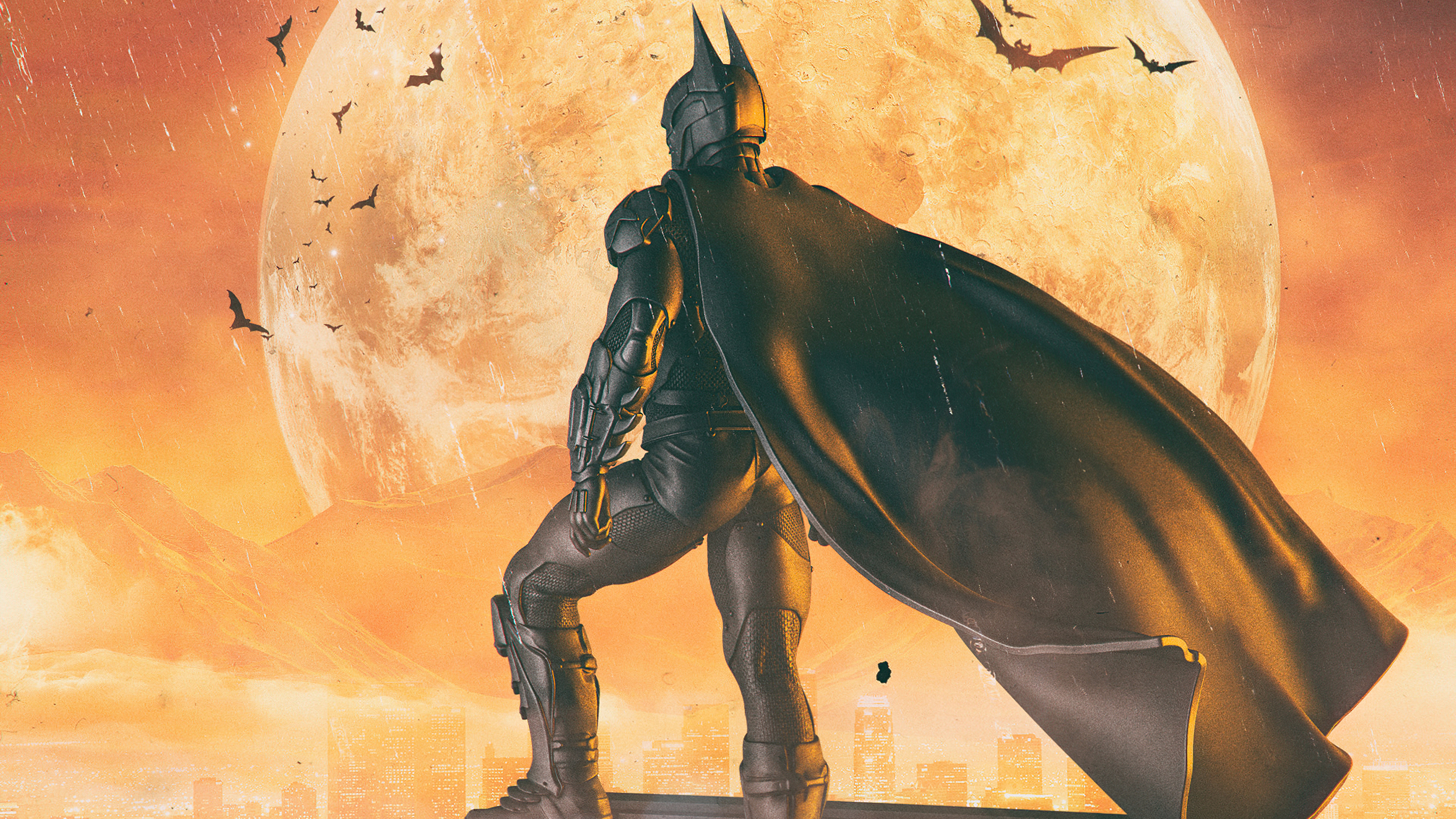 Batman standing in front of a large moon with bats flying HD Wallpaper