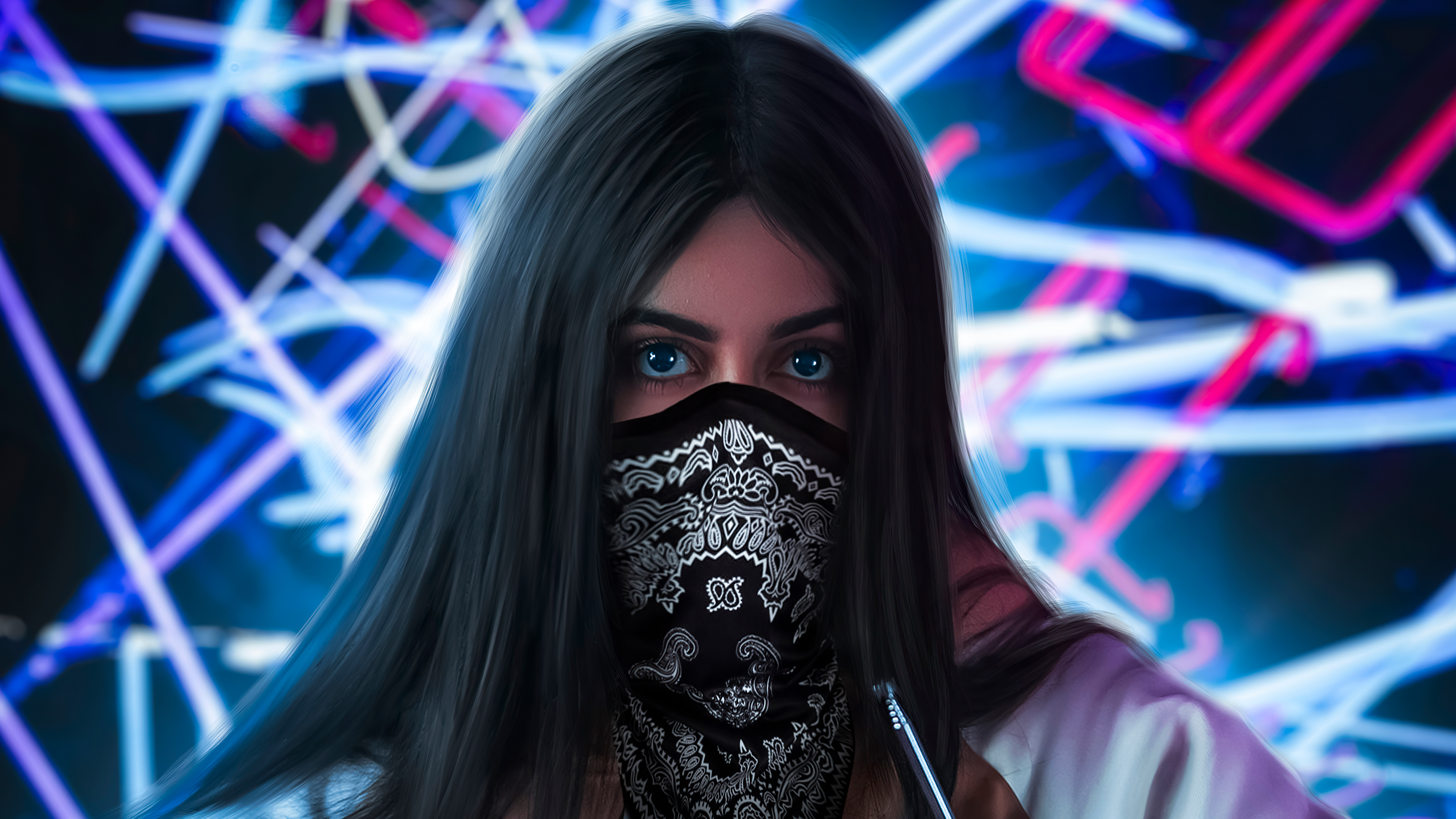 Artwork of a woman with a bandana covering her face HD Wallpaper