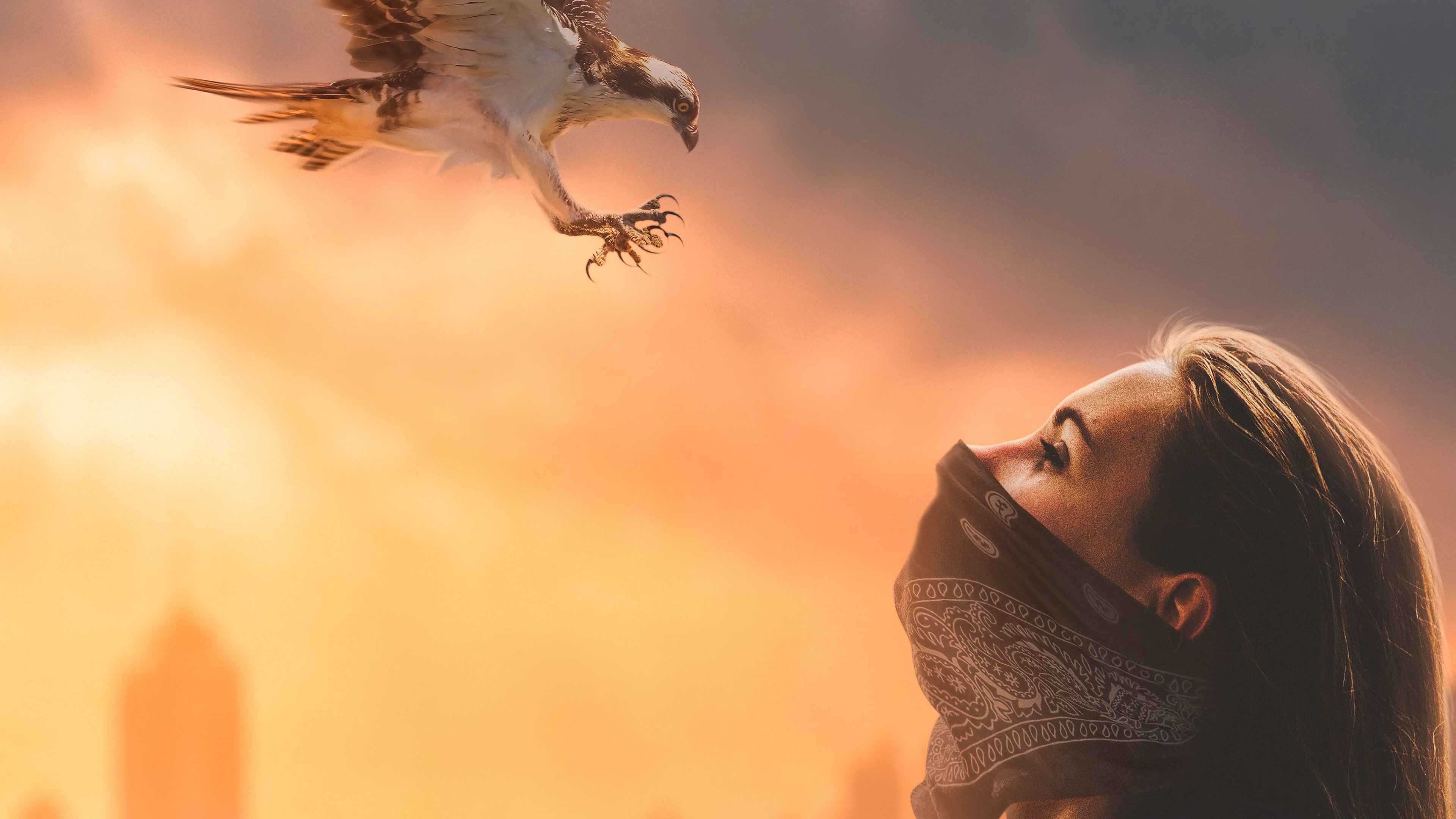 Hawk attacking a woman with bandana HD Wallpaper