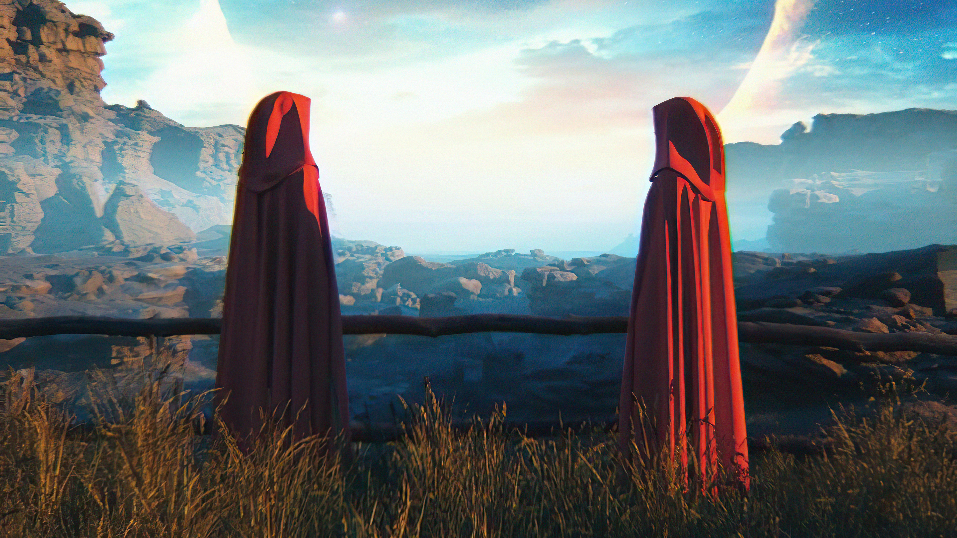 Two figures in red cloaks on a rocky alien planet HD Wallpaper