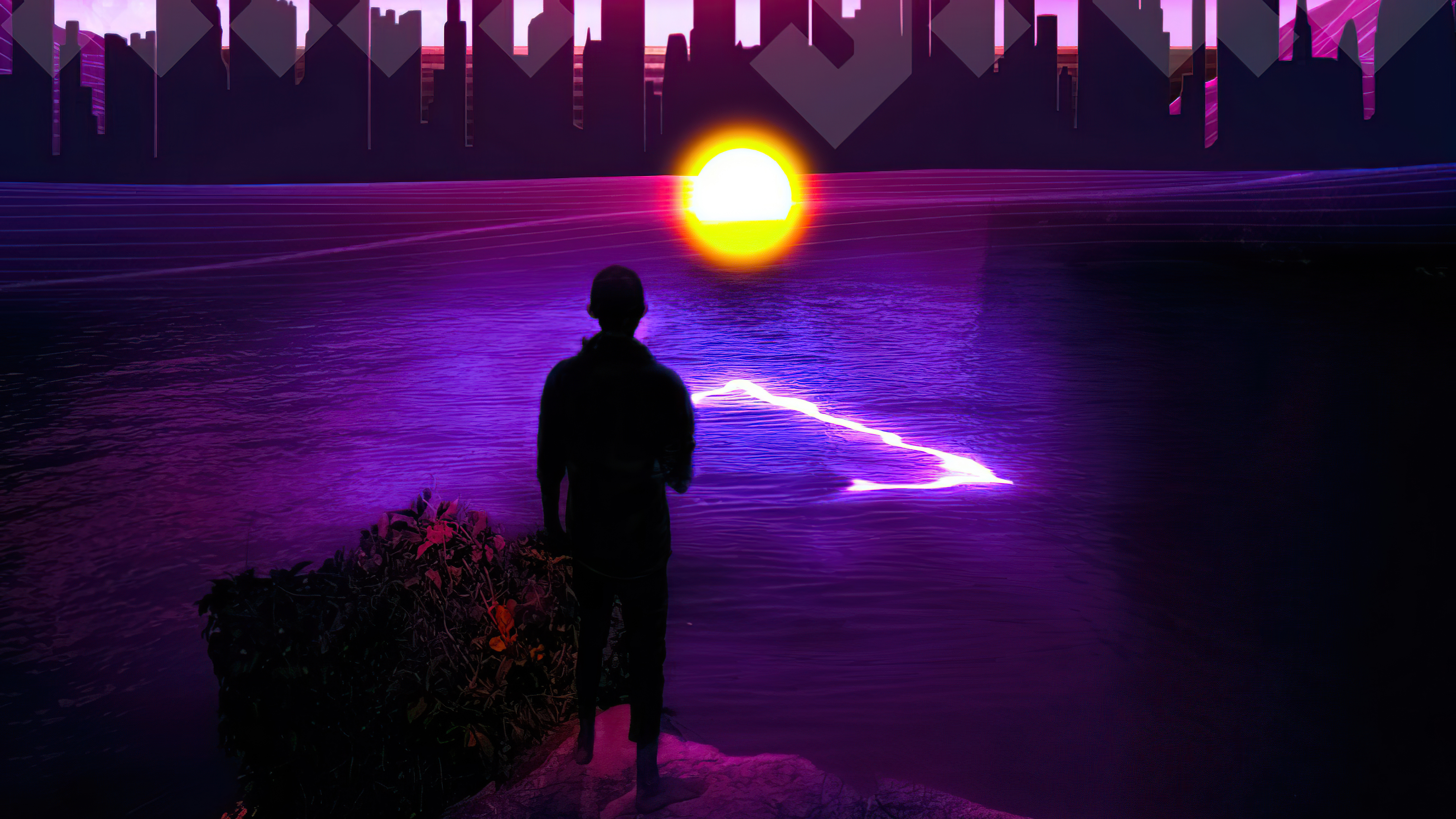 Retrowave artwork of a person overlooking a neon cityscape at sunset HD Wallpaper