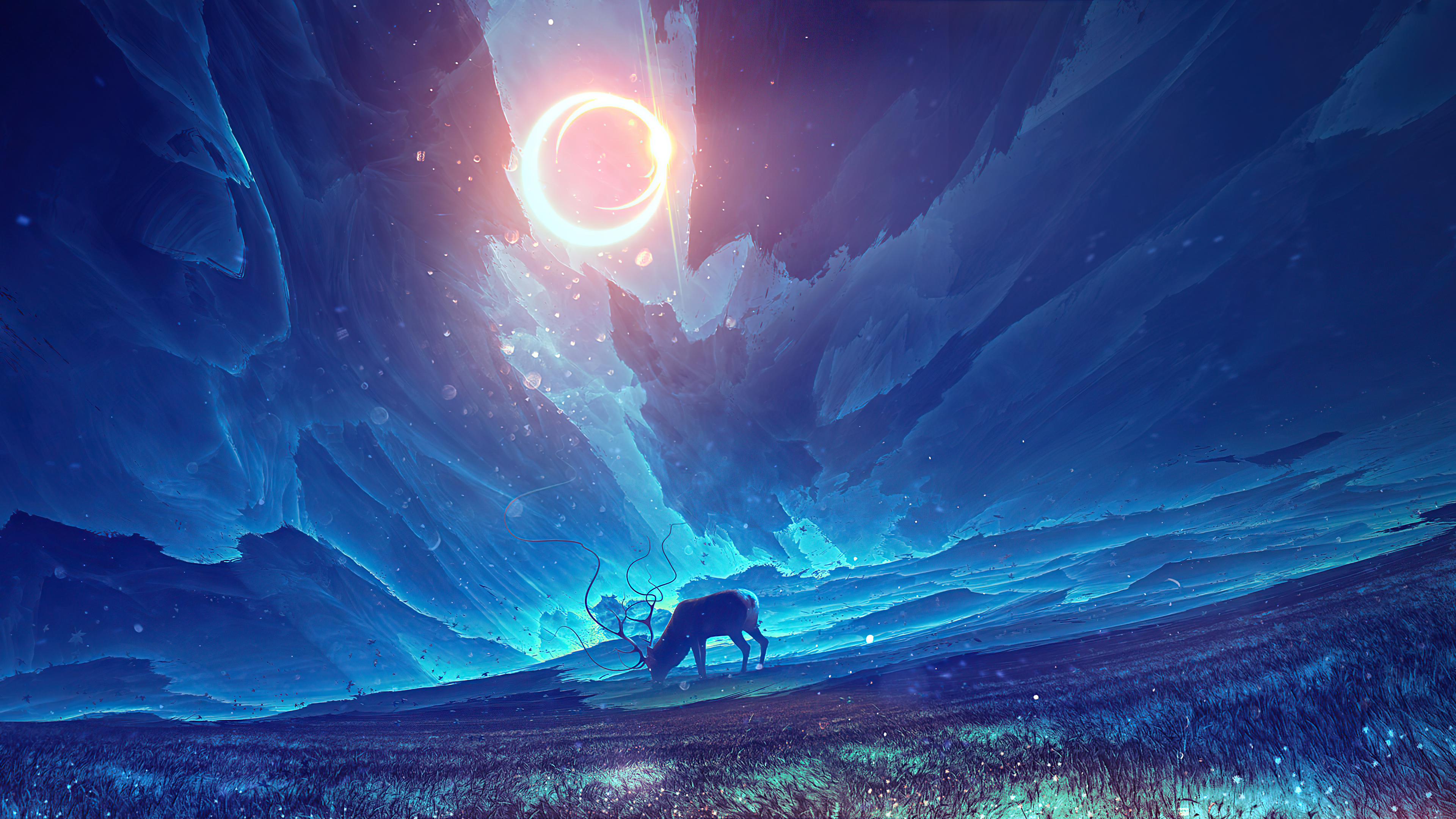 Reindeer grazing under a celestial ring HD Wallpaper