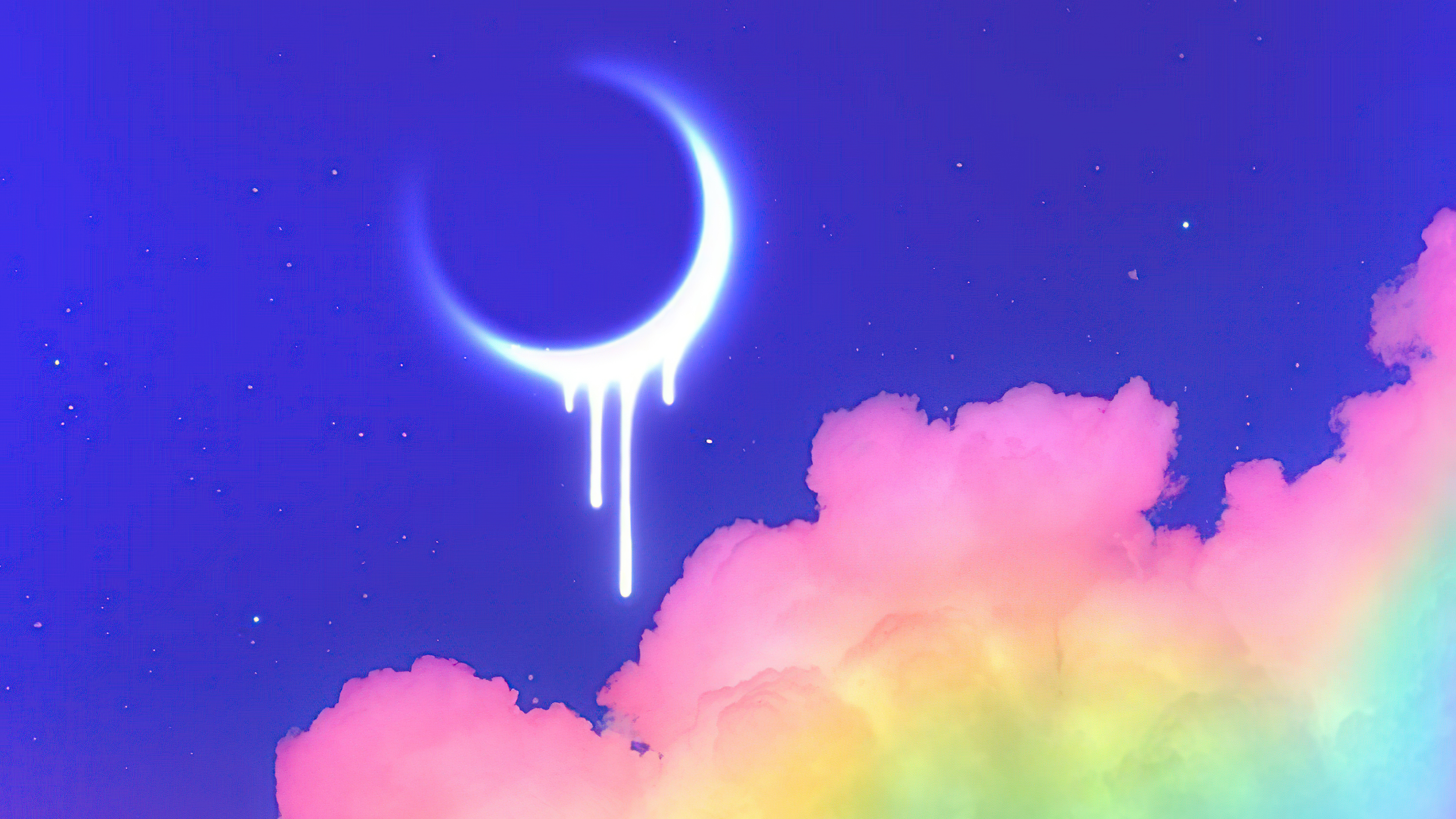 Crescent moon with dripping effect over rainbow clouds HD Wallpaper