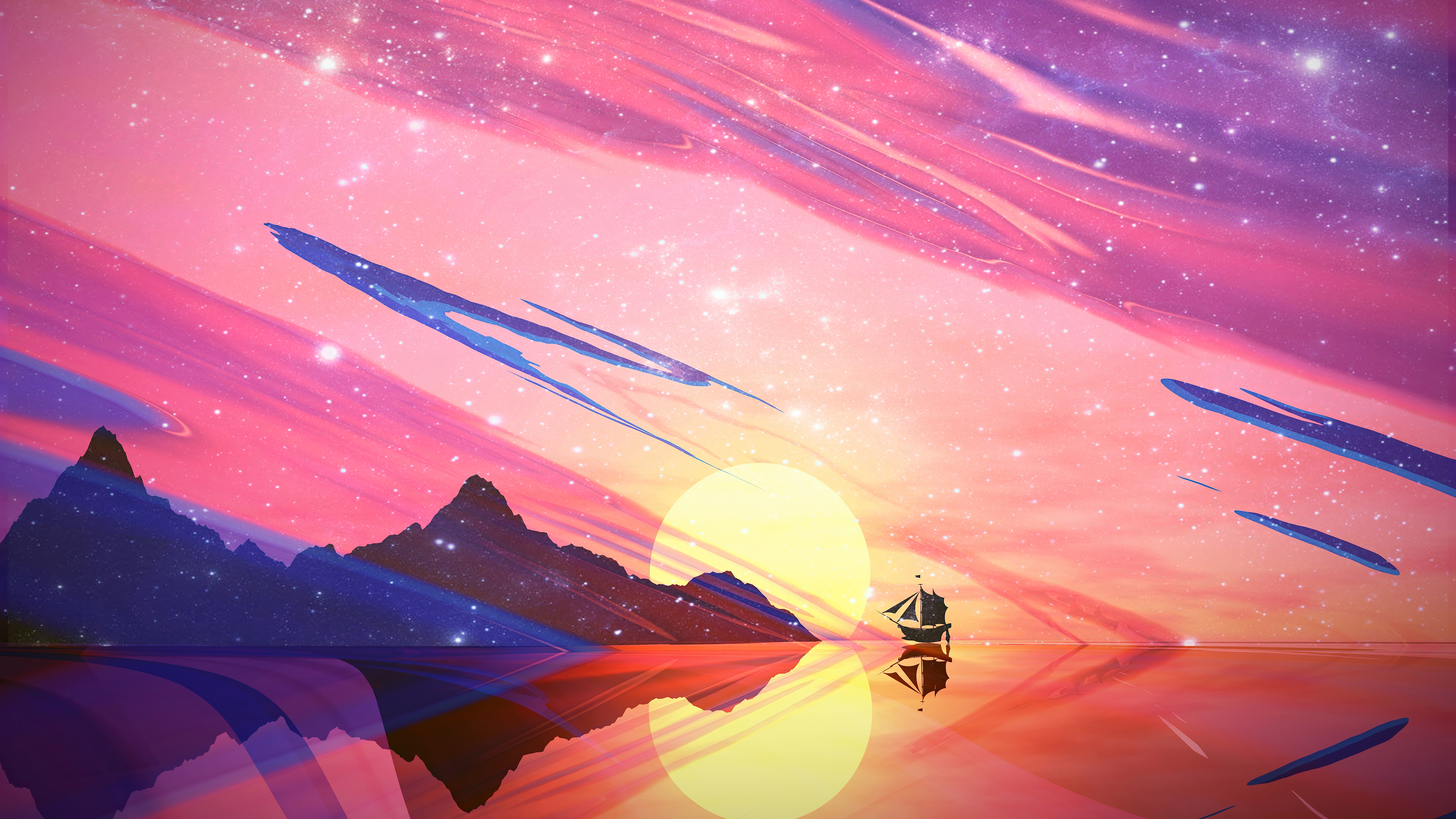 Digital art of a boat sailing at sunset with mountains HD Wallpaper