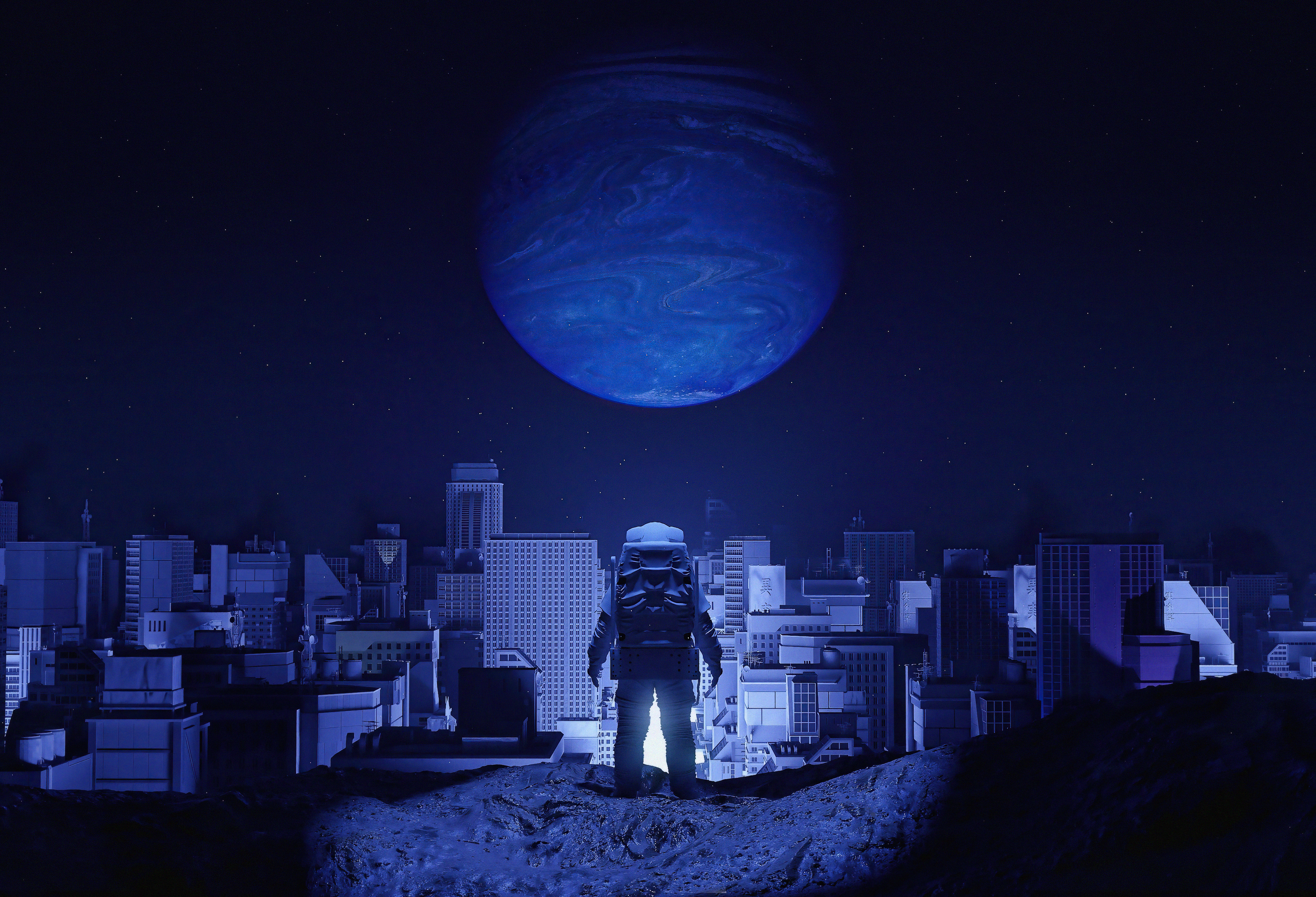 Astronaut overlooking a futuristic city with a large blue planet HD Wallpaper