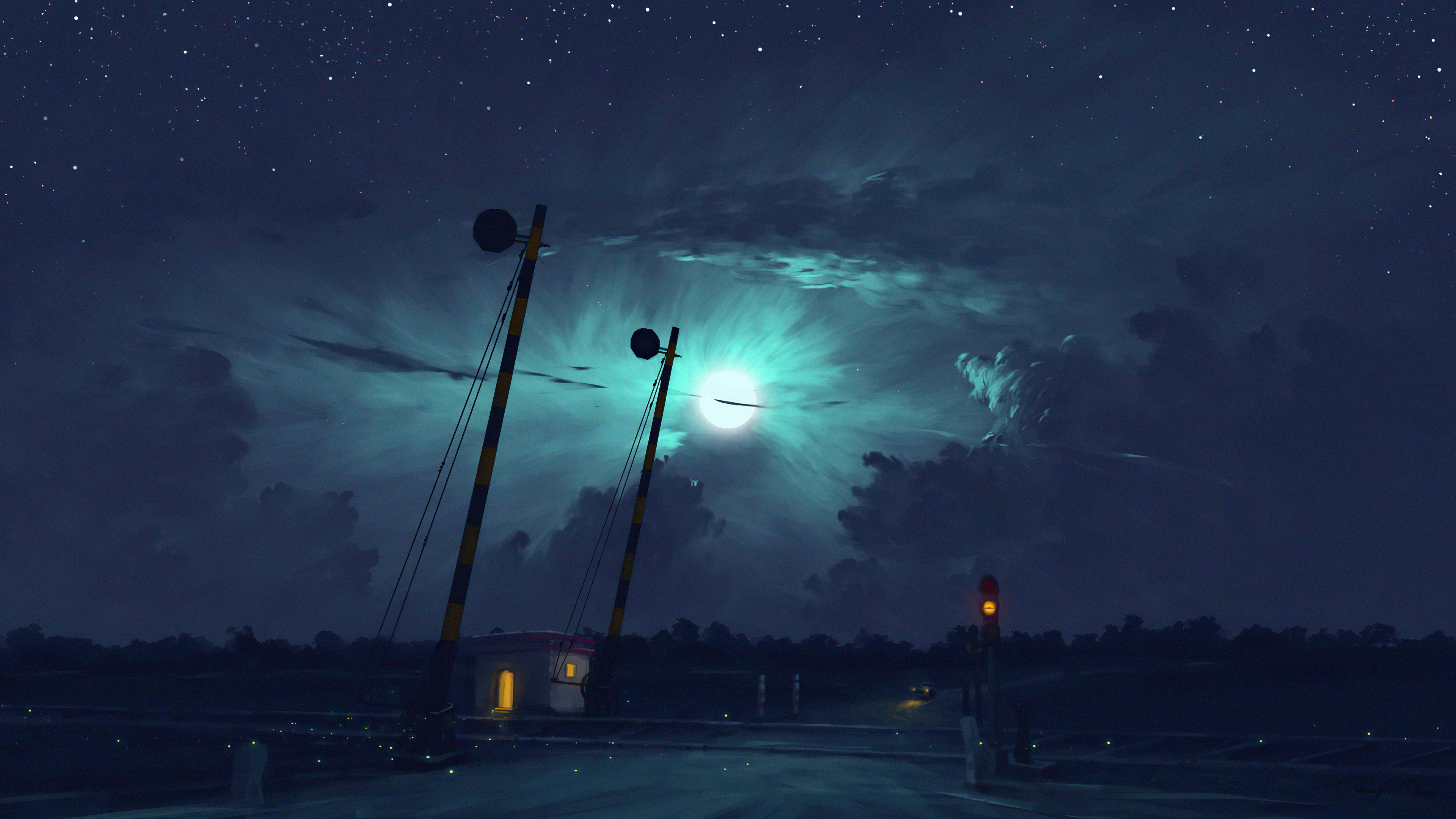 Night scene with railroad crossing and moon HD Wallpaper