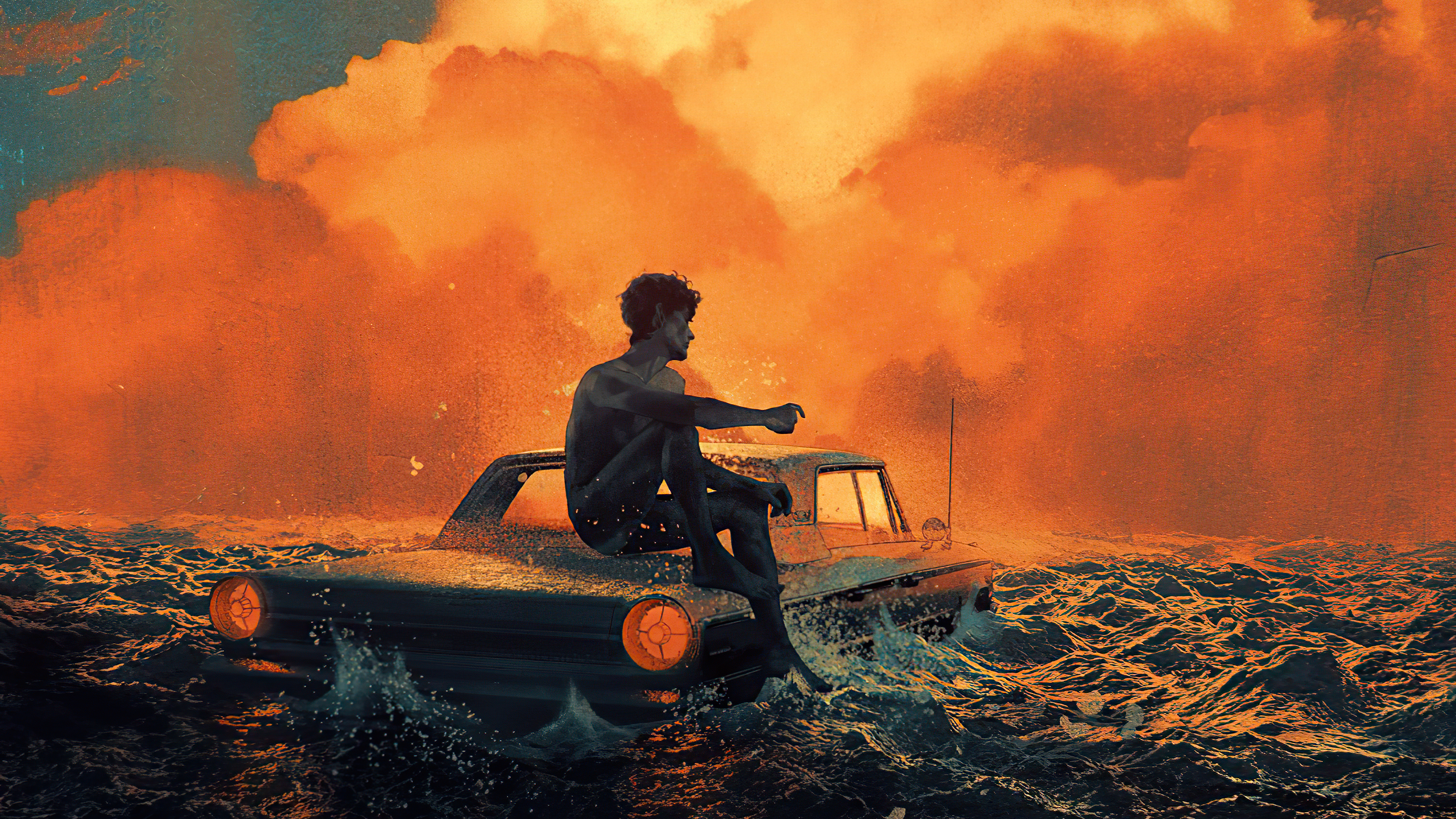 Man sitting on a car in the ocean HD Wallpaper