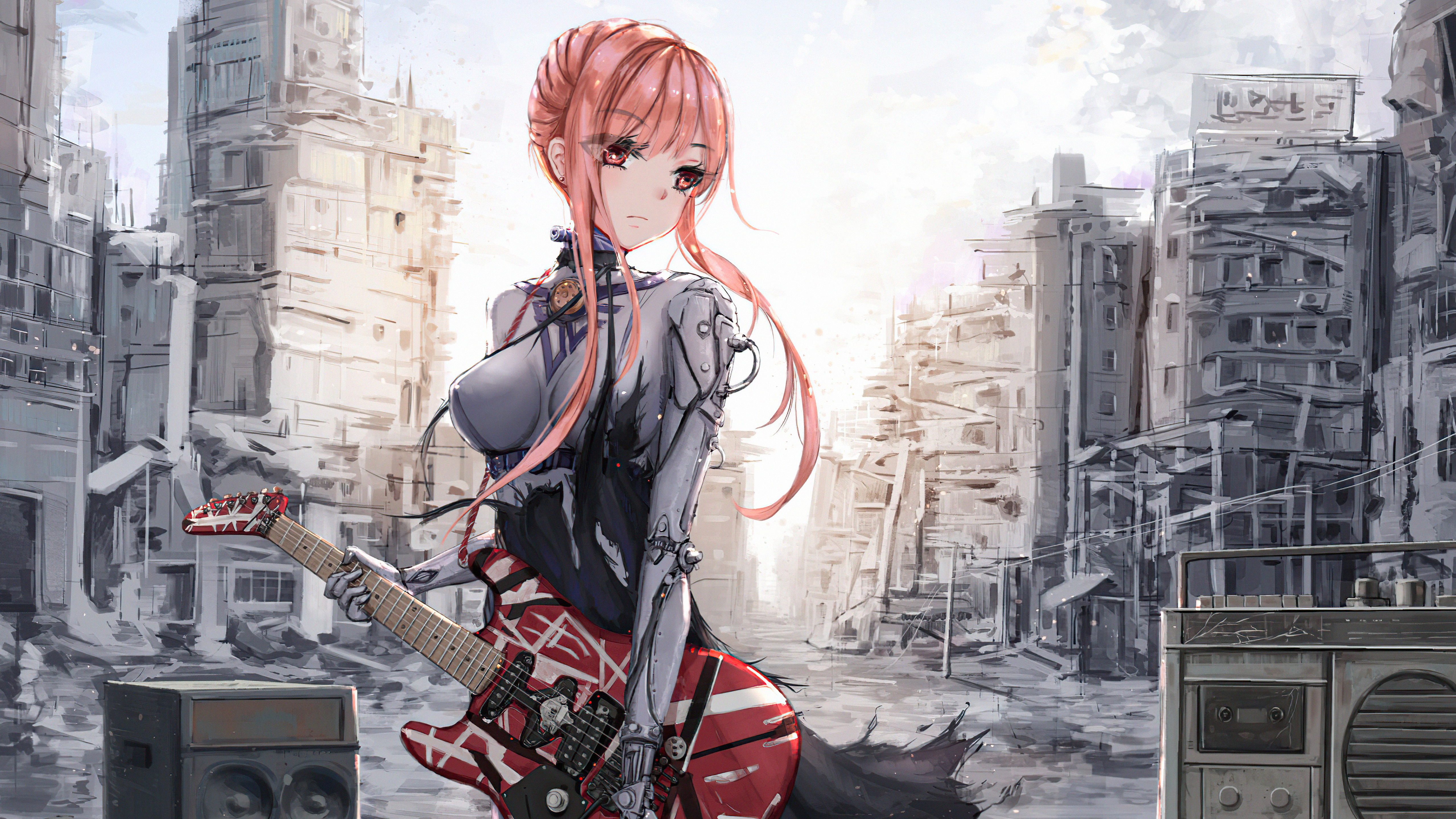 Anime girl with pink hair and guitar in ruined city HD Wallpaper