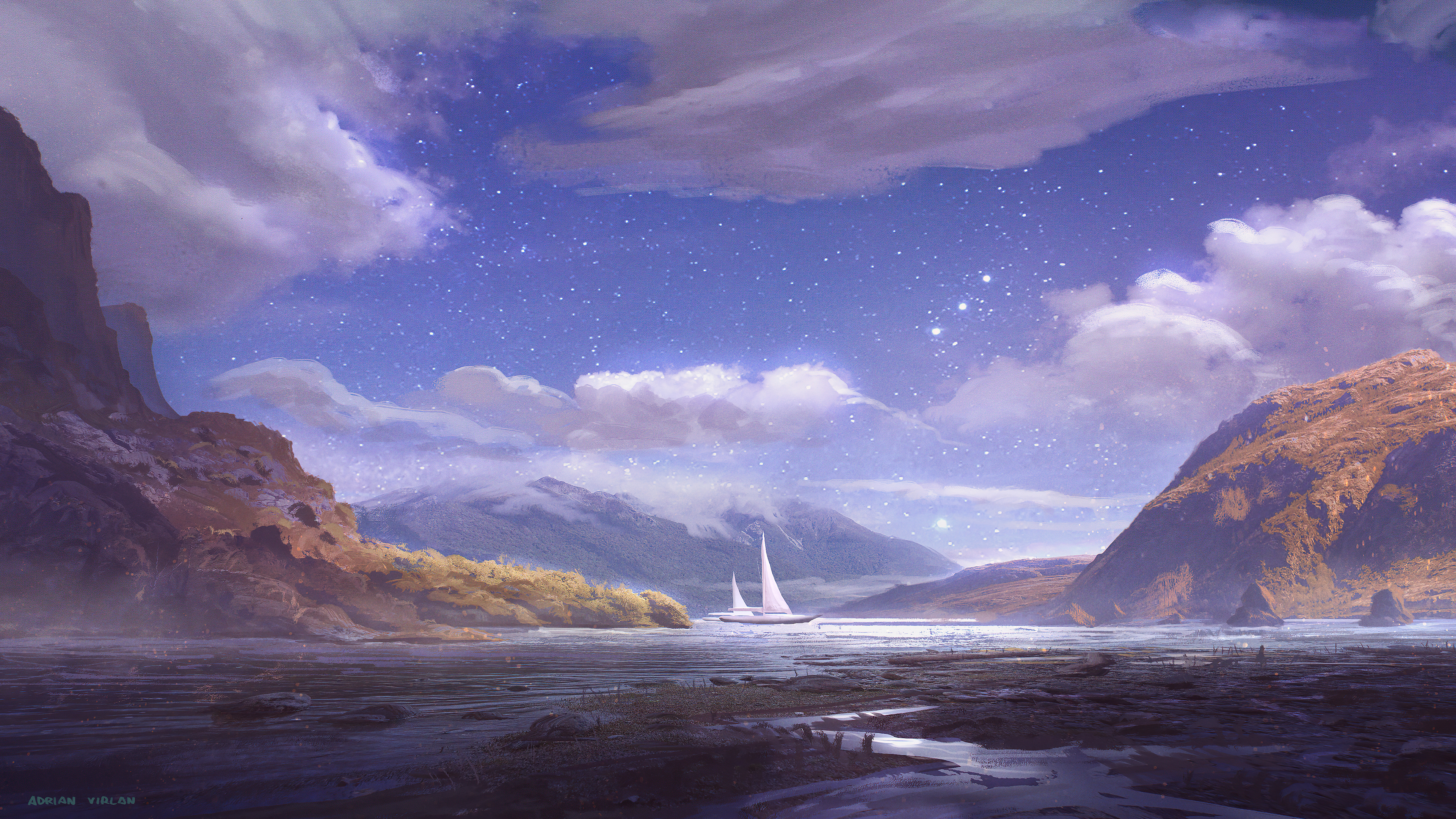 Sailboat on a lake under a starry sky HD Wallpaper
